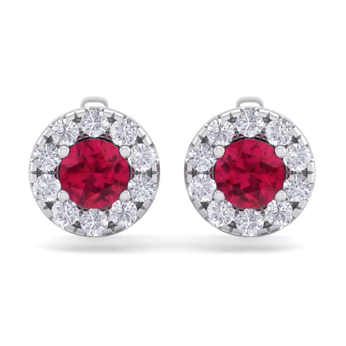 1 1/2 Carat Ruby And Diamond Halo Stud Earrings In 14 Karat White Gold