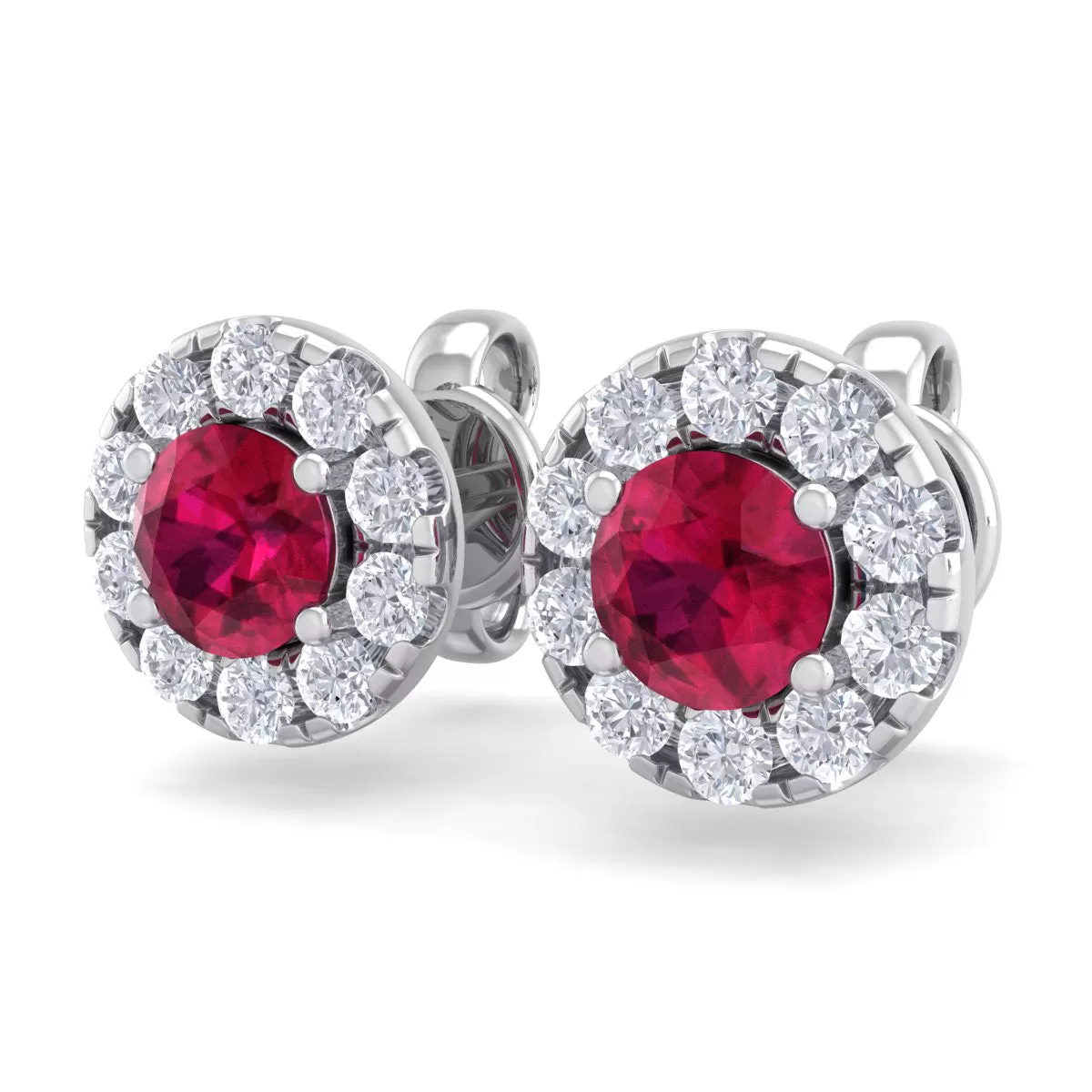 1 1/2 Carat Ruby And Diamond Halo Stud Earrings In 14 Karat White Gold