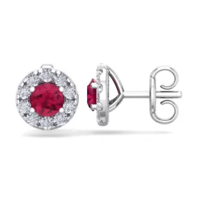 1 1/2 Carat Ruby And Diamond Halo Stud Earrings In 14 Karat White Gold