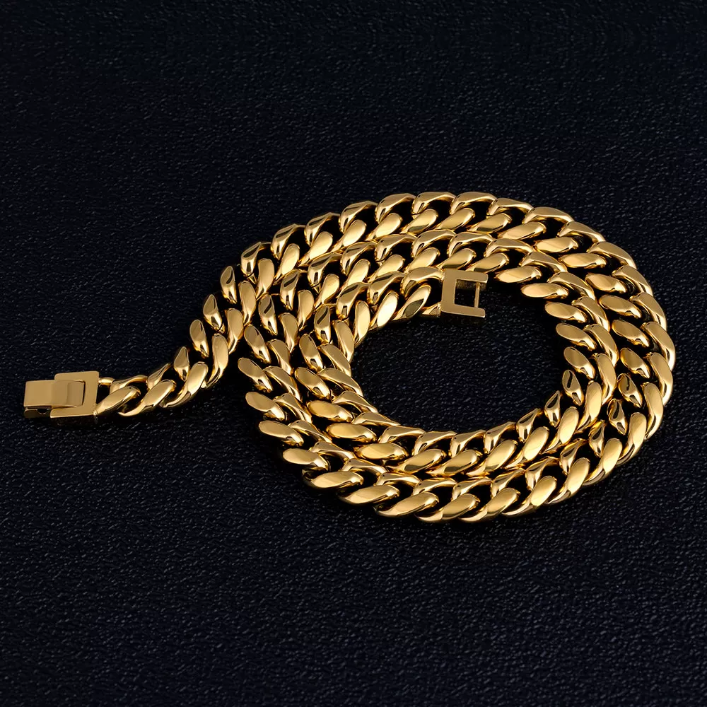 10mm Miami Cuban Link Chain and Bracelet Set for Men's Necklace in 18K Gold KRKC