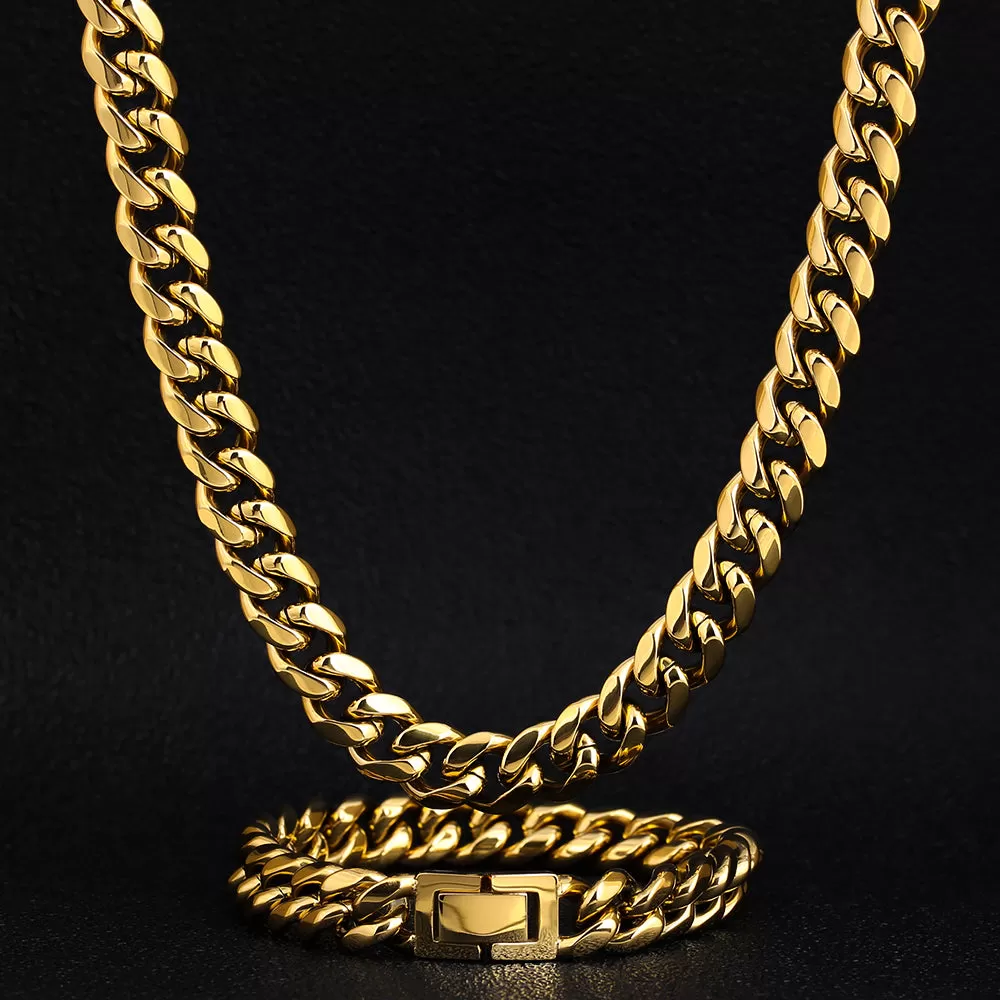 10mm Miami Cuban Link Chain and Bracelet Set for Men's Necklace in 18K Gold KRKC