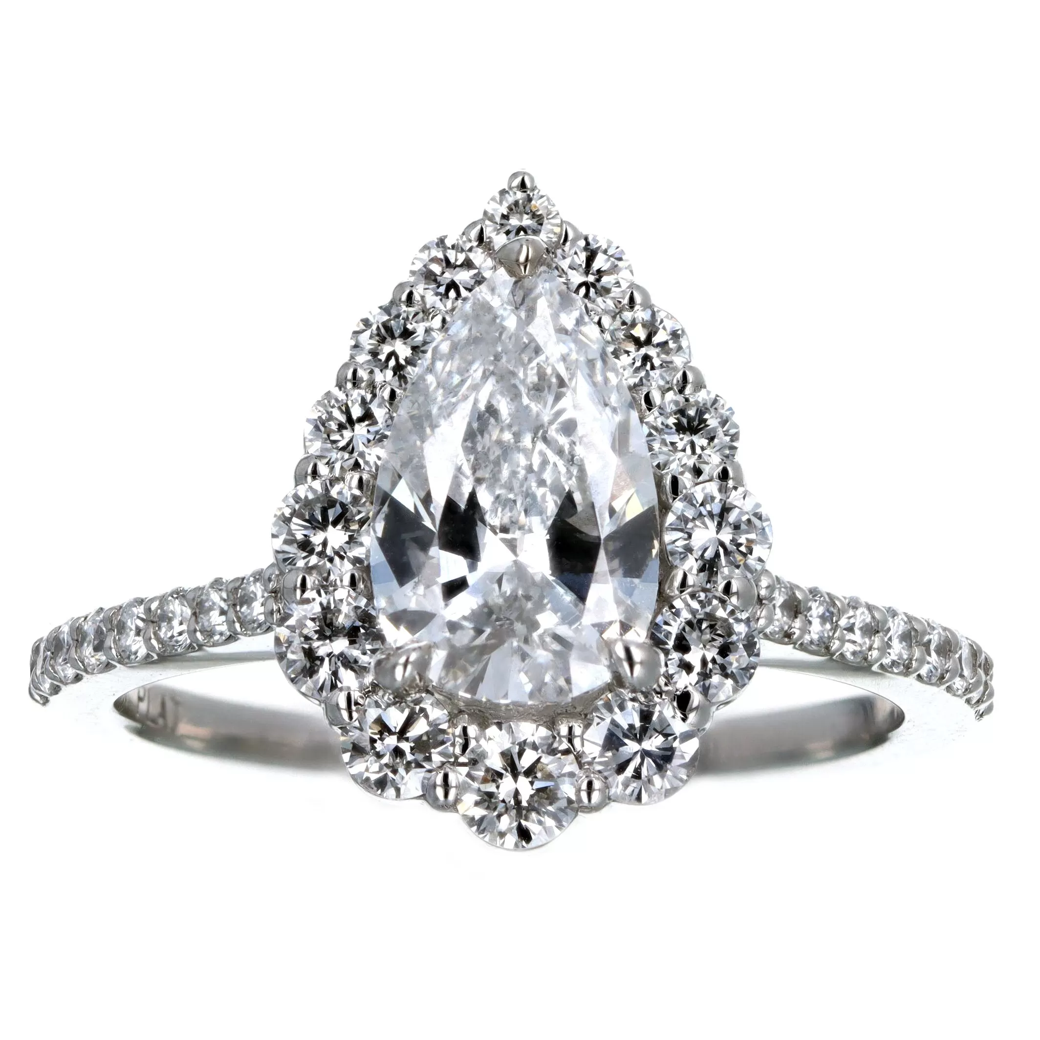 1.46 Carat Pear Diamond Graduated Halo Engagement Ring in Platinum GIA Certified