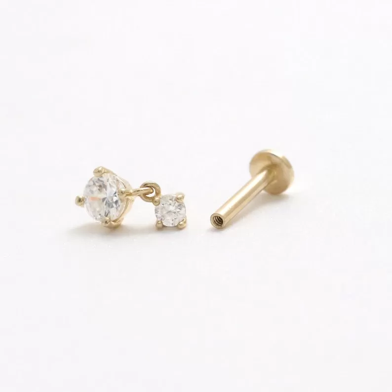 14K Real Gold CZ, Moissanite or Diamond Dangling Helix Cartilage Tragus Inner Conch Internally Threaded Flat Back Earring Labret