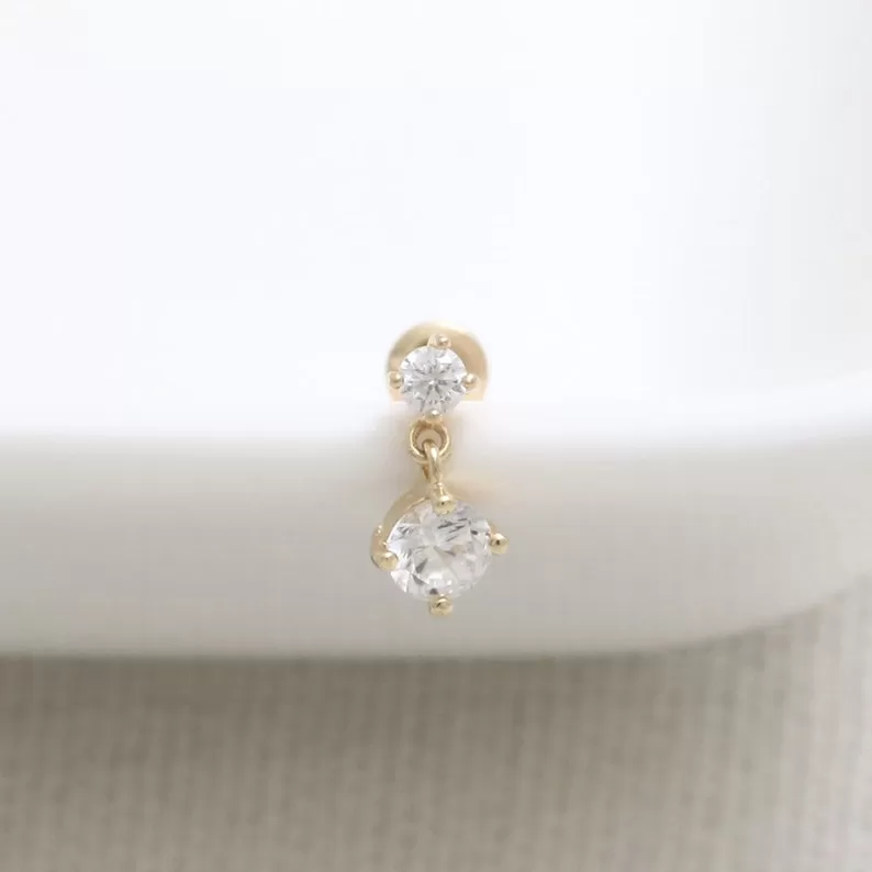 14K Real Gold CZ, Moissanite or Diamond Dangling Helix Cartilage Tragus Inner Conch Internally Threaded Flat Back Earring Labret