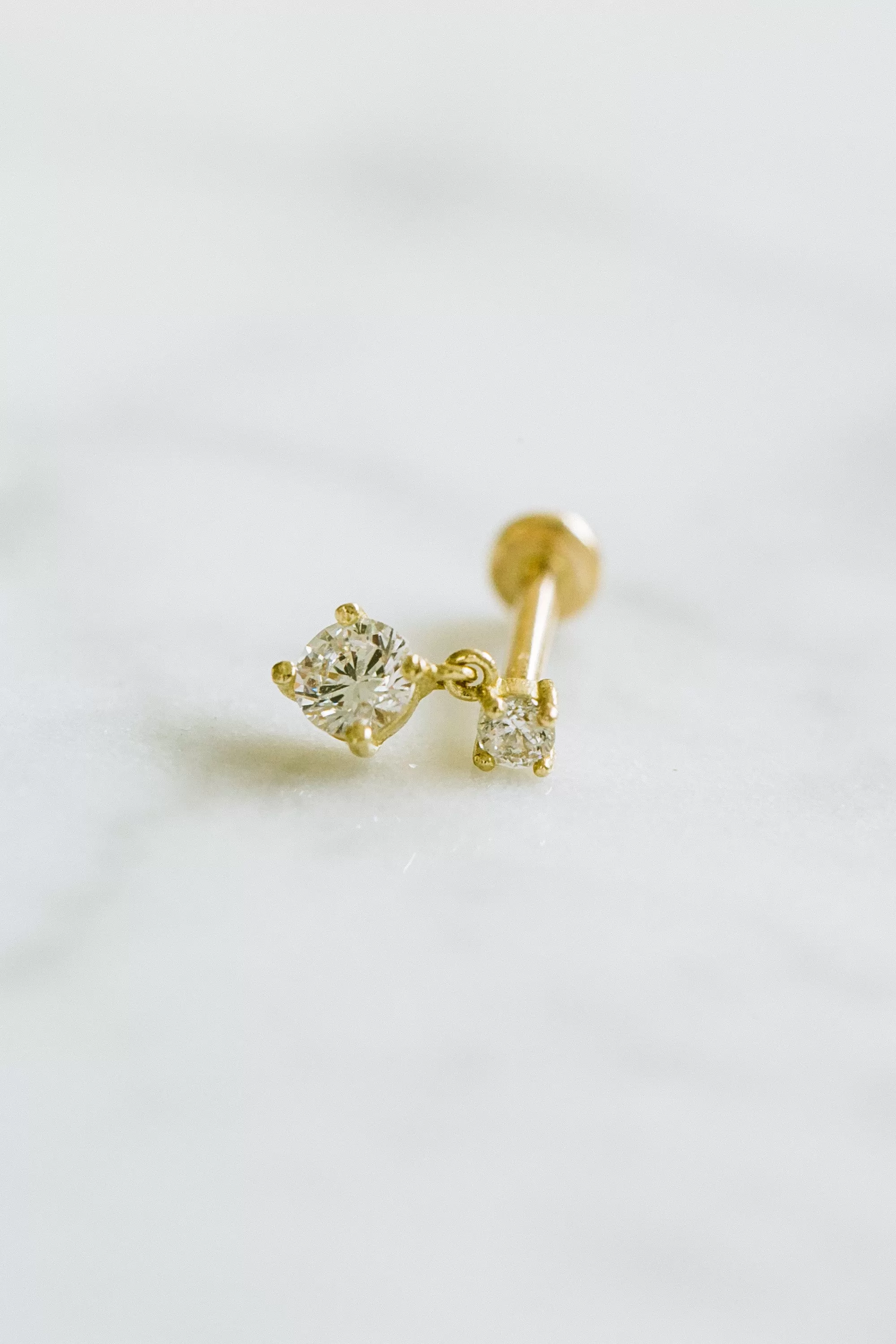 14K Real Gold CZ, Moissanite or Diamond Dangling Helix Cartilage Tragus Inner Conch Internally Threaded Flat Back Earring Labret