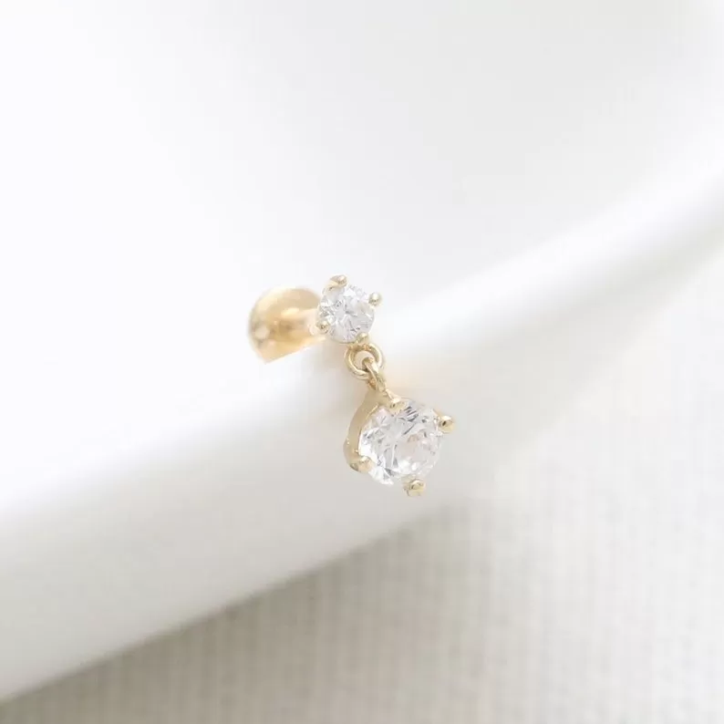 14K Real Gold CZ, Moissanite or Diamond Dangling Helix Cartilage Tragus Inner Conch Internally Threaded Flat Back Earring Labret