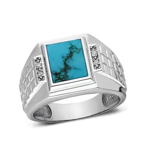 14K White Gold Wedding Ring Turquoise Stone and 0.08ct Natural Diamond Ring for Man