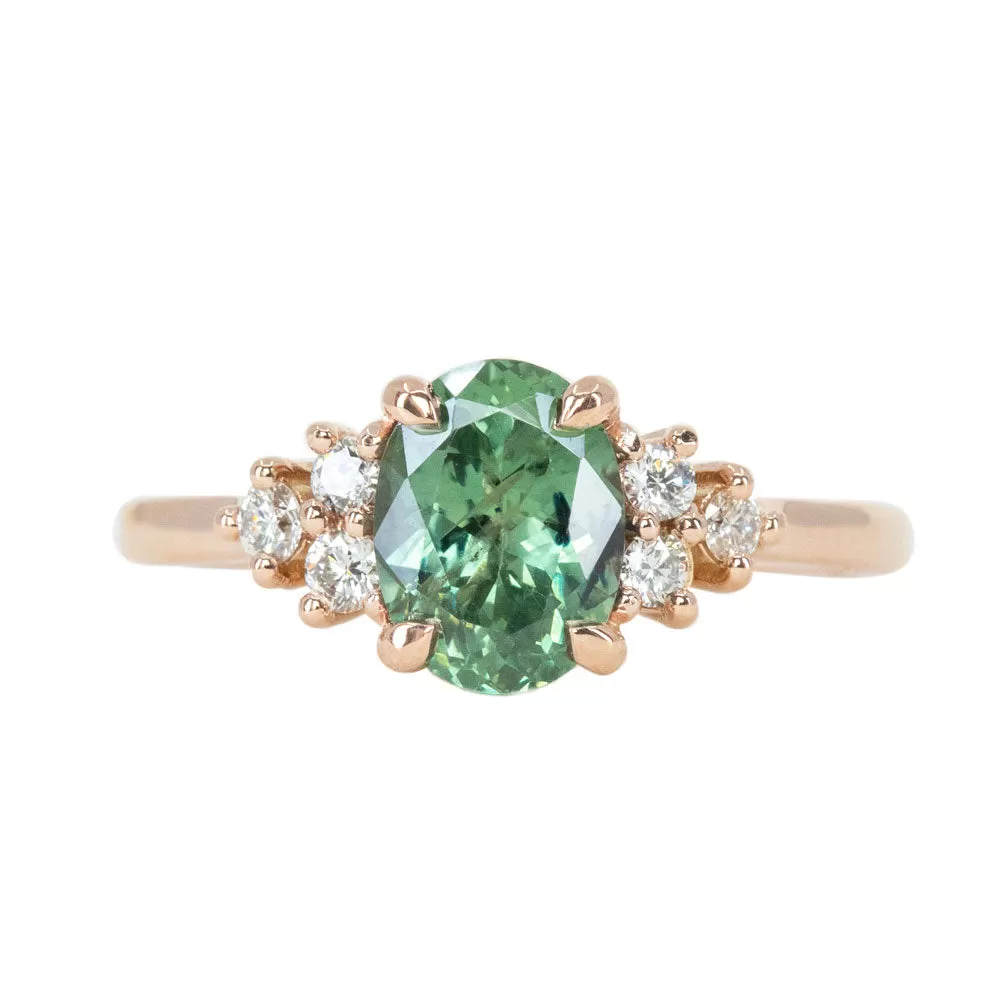 1.63ct Green Teal Montana Sapphire and Diamond Cluster Ring in 14k Rose Gold