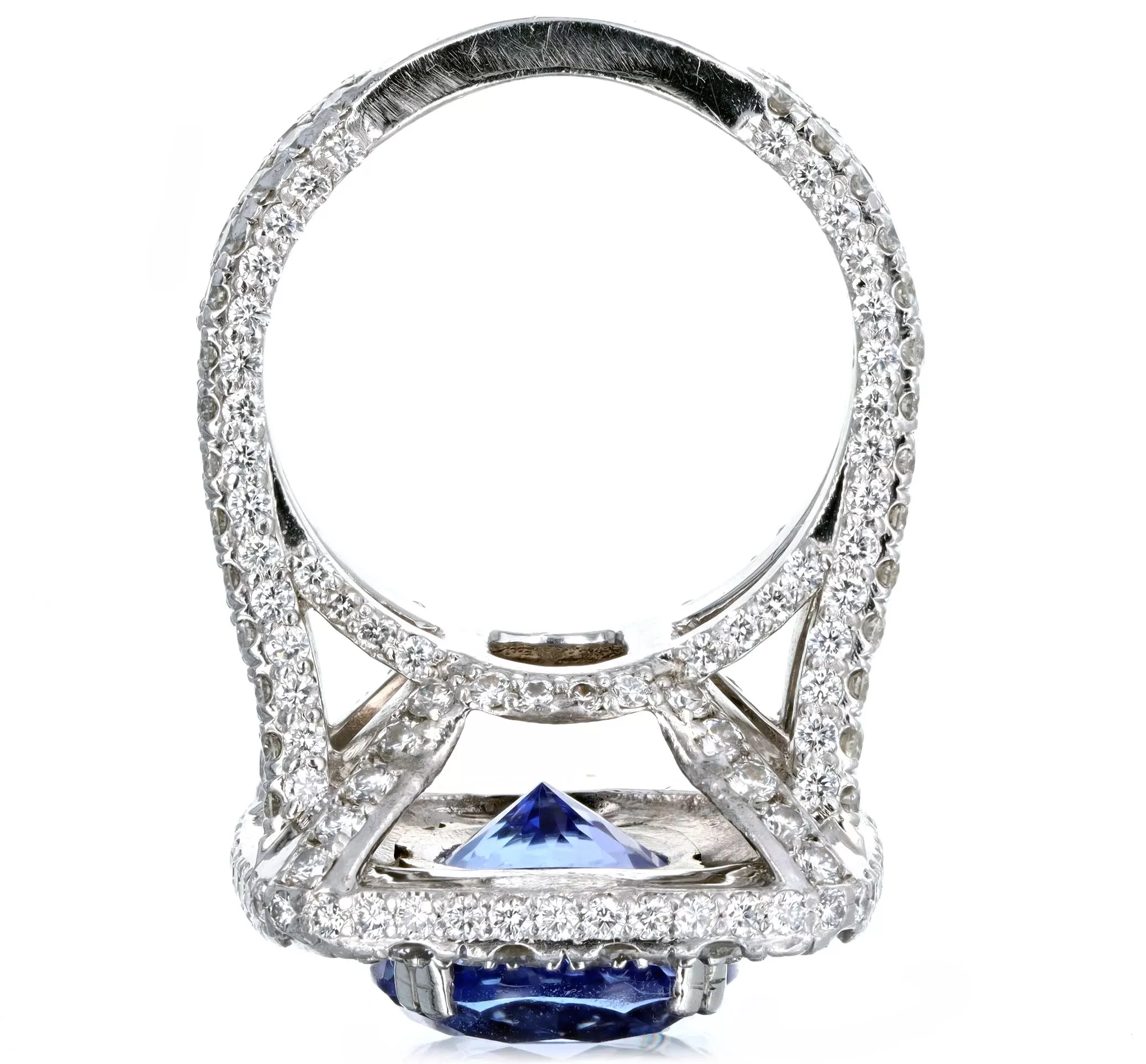 18K White Gold 5.25 Carat Tanzanite & Diamond Double Halo Split Shank Ring