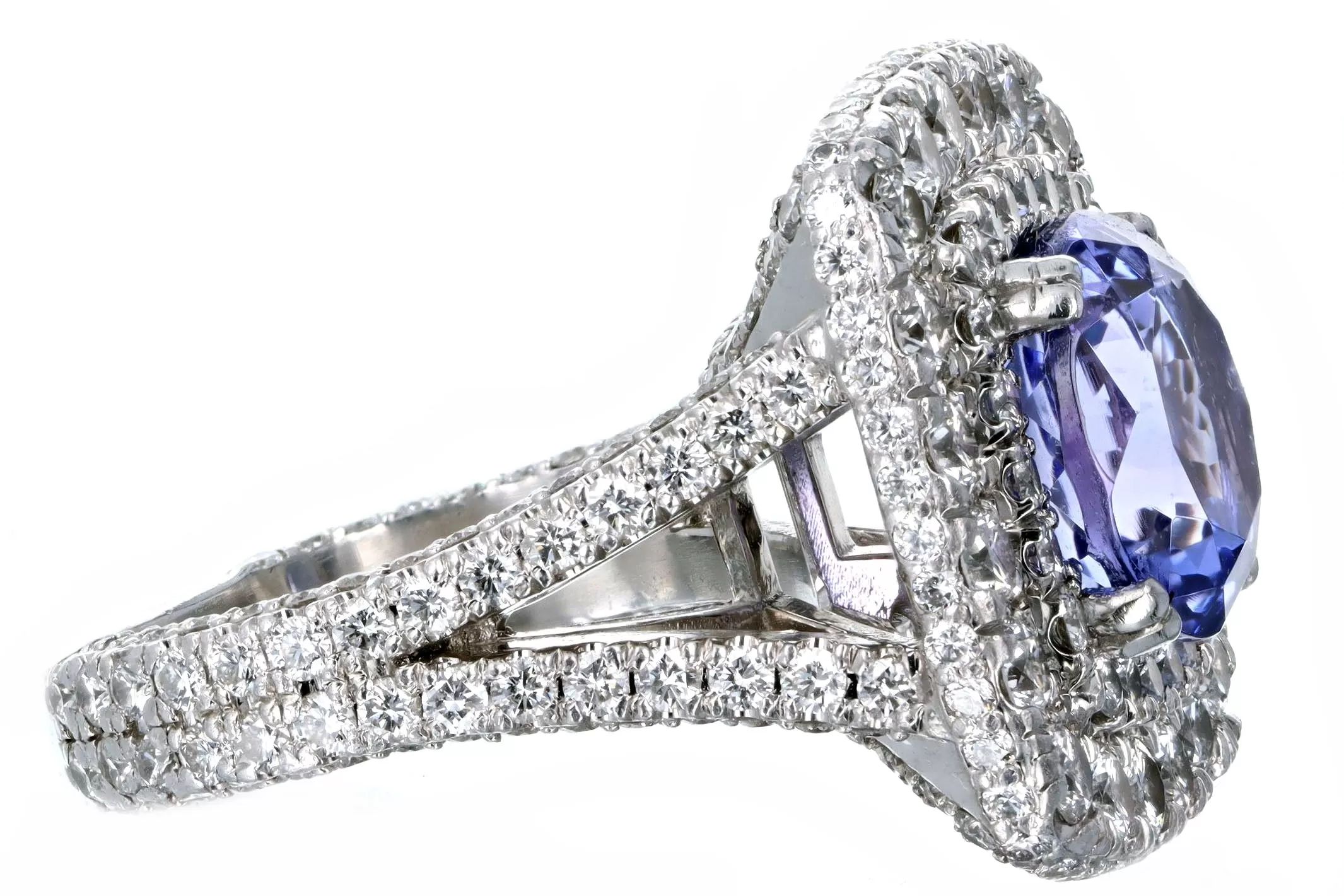 18K White Gold 5.25 Carat Tanzanite & Diamond Double Halo Split Shank Ring