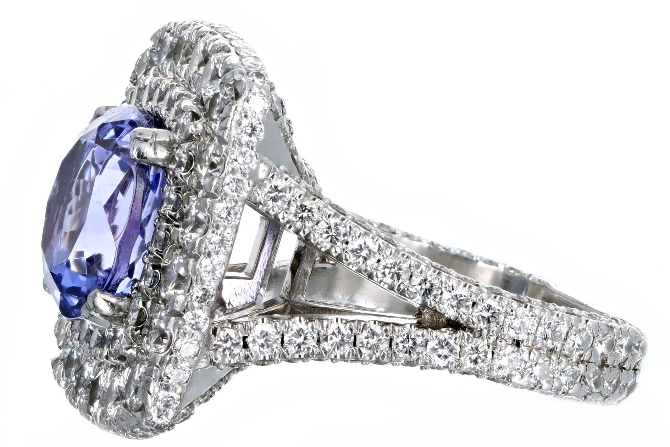 18K White Gold 5.25 Carat Tanzanite & Diamond Double Halo Split Shank Ring