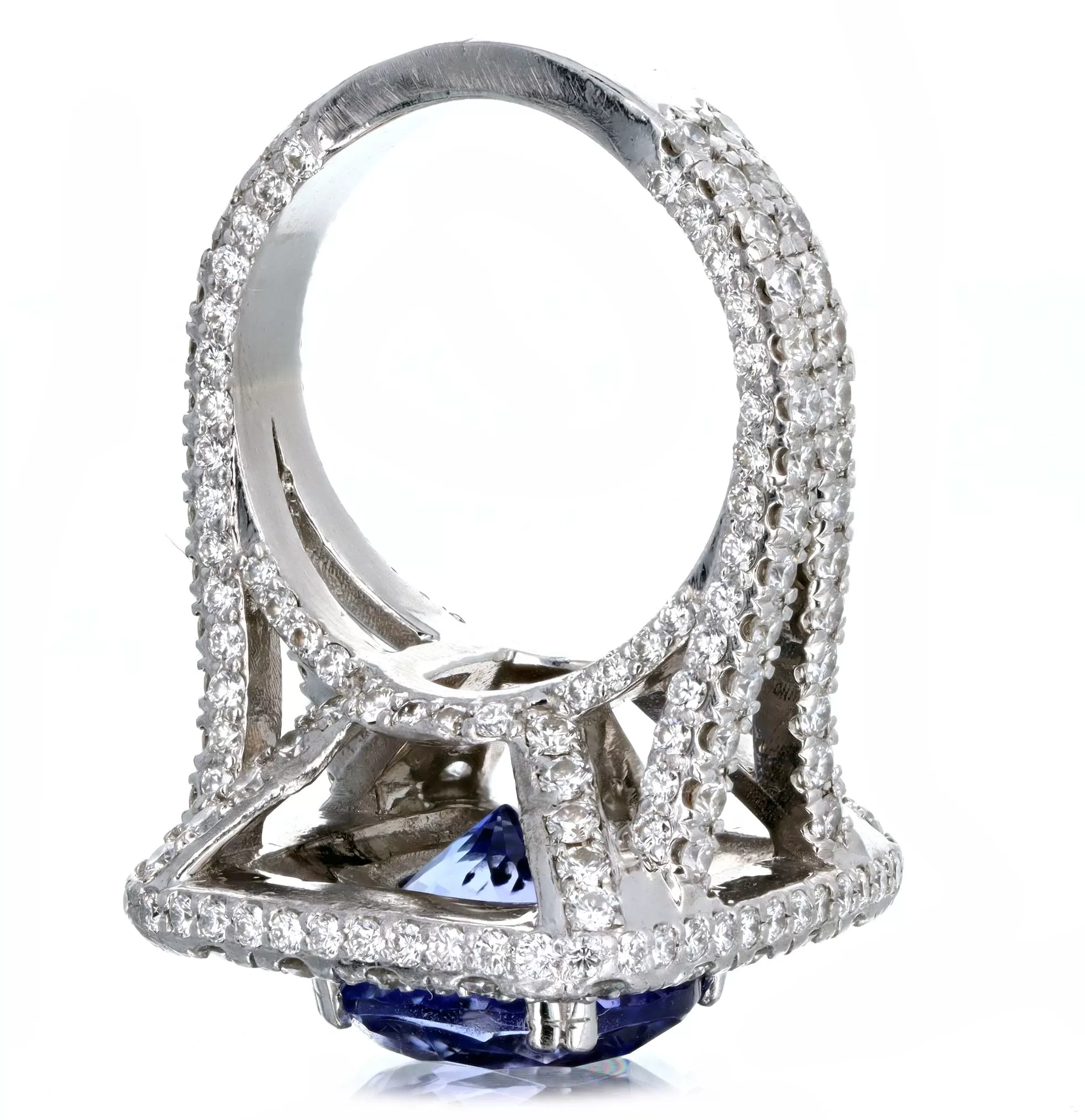 18K White Gold 5.25 Carat Tanzanite & Diamond Double Halo Split Shank Ring