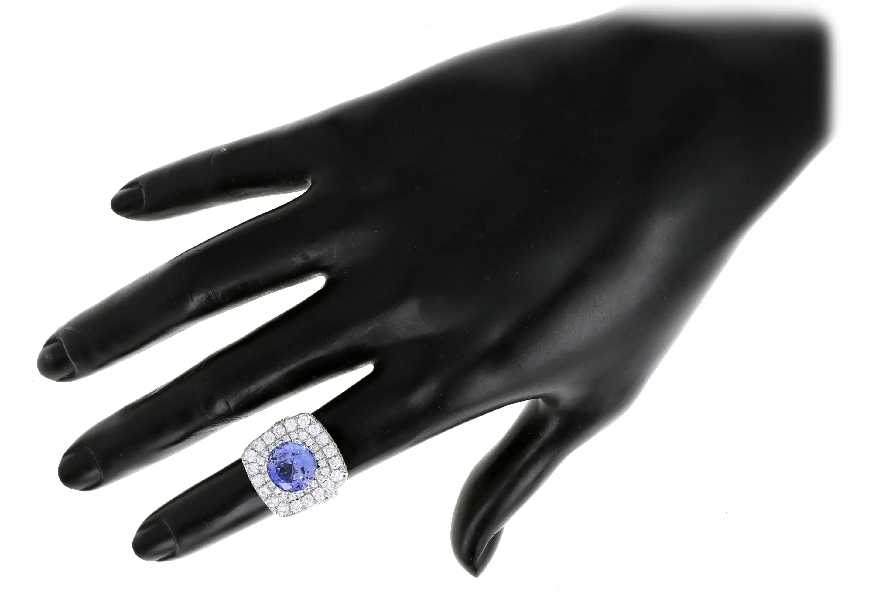 18K White Gold 5.25 Carat Tanzanite & Diamond Double Halo Split Shank Ring