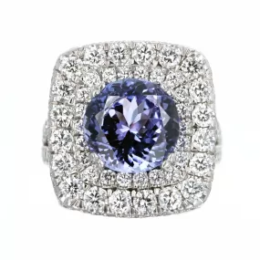 18K White Gold 5.25 Carat Tanzanite & Diamond Double Halo Split Shank Ring