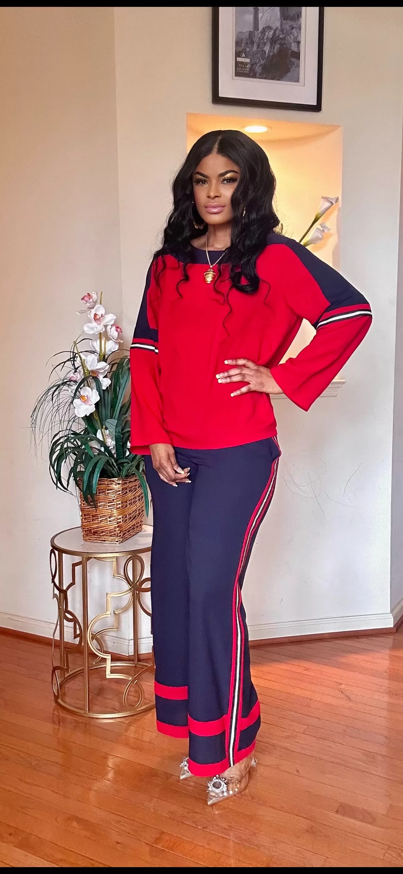 2 PIECE LONGSLEEVE TOP-PALAZZO PANT SET(Red-Darkblue)