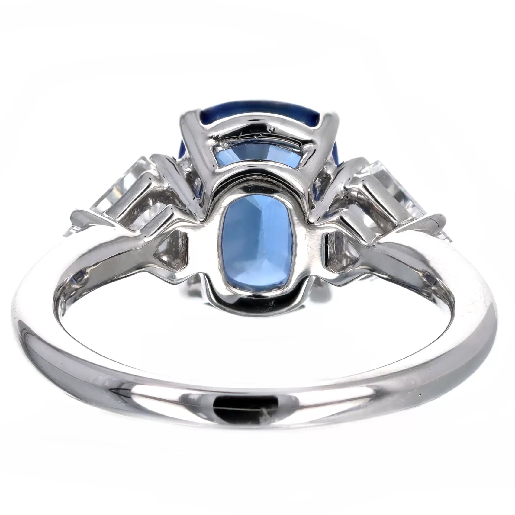 3.72 Carat Cushion Natural Sapphire Shield Diamond Three Stone Ring in Platinum GIA Certified