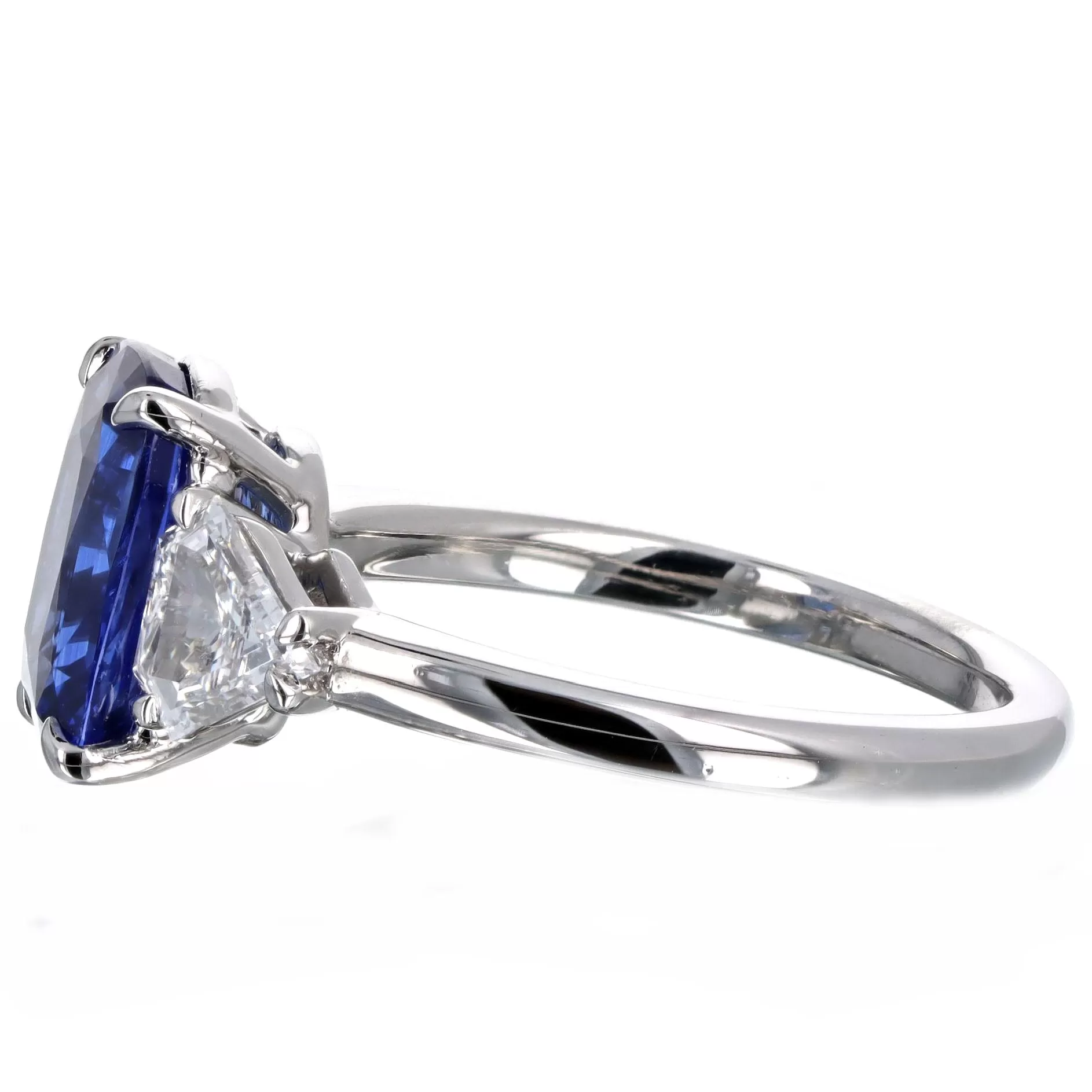 3.72 Carat Cushion Natural Sapphire Shield Diamond Three Stone Ring in Platinum GIA Certified