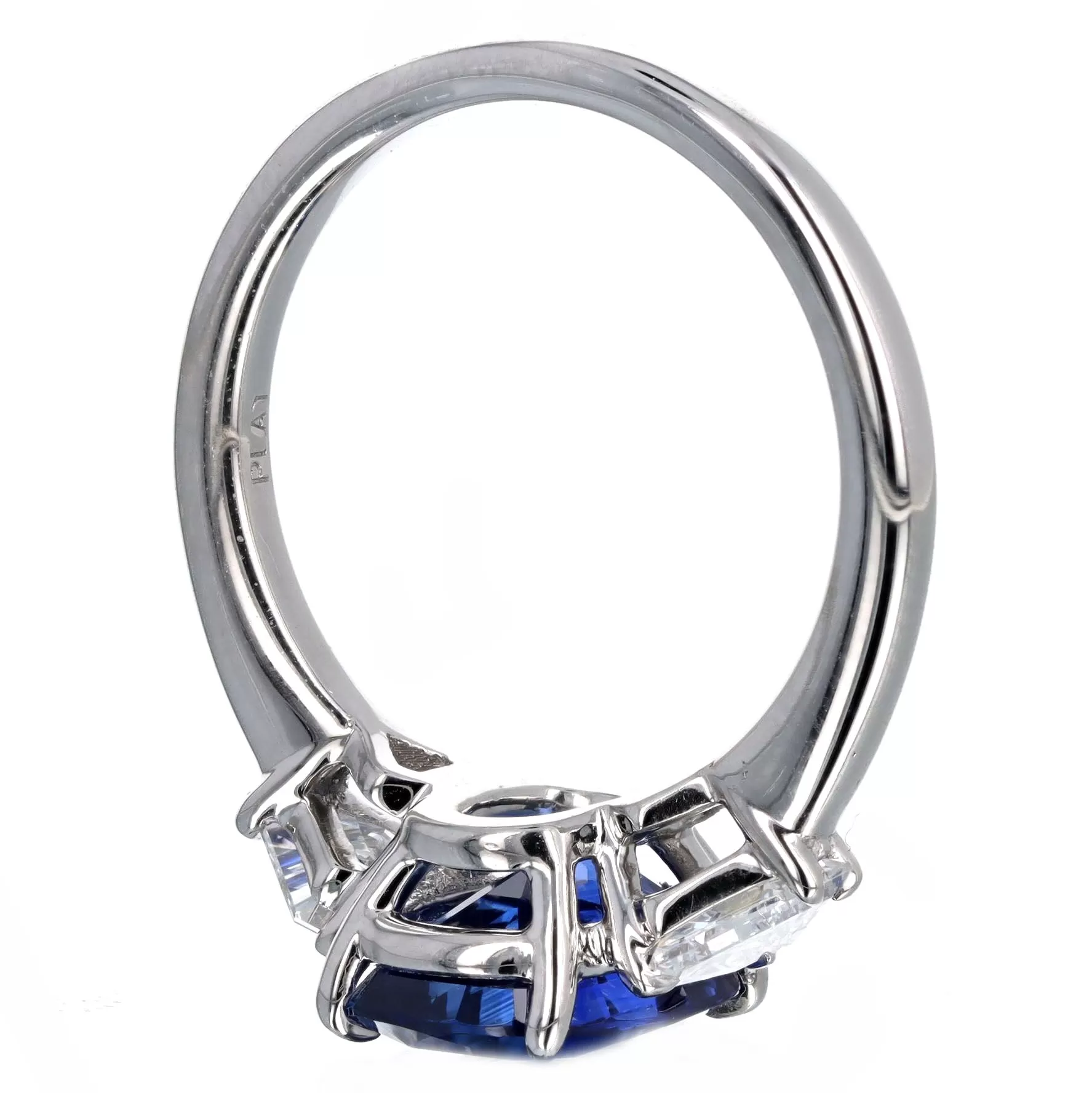 3.72 Carat Cushion Natural Sapphire Shield Diamond Three Stone Ring in Platinum GIA Certified