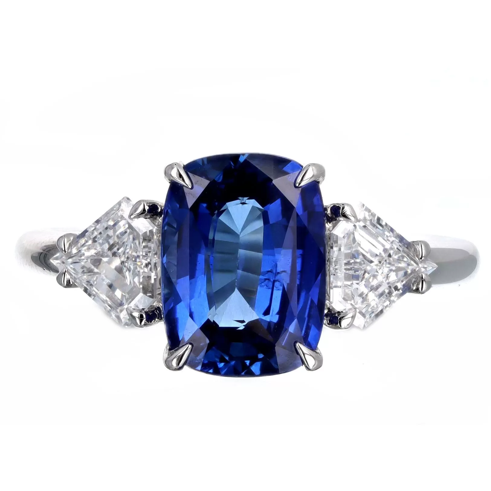 3.72 Carat Cushion Natural Sapphire Shield Diamond Three Stone Ring in Platinum GIA Certified