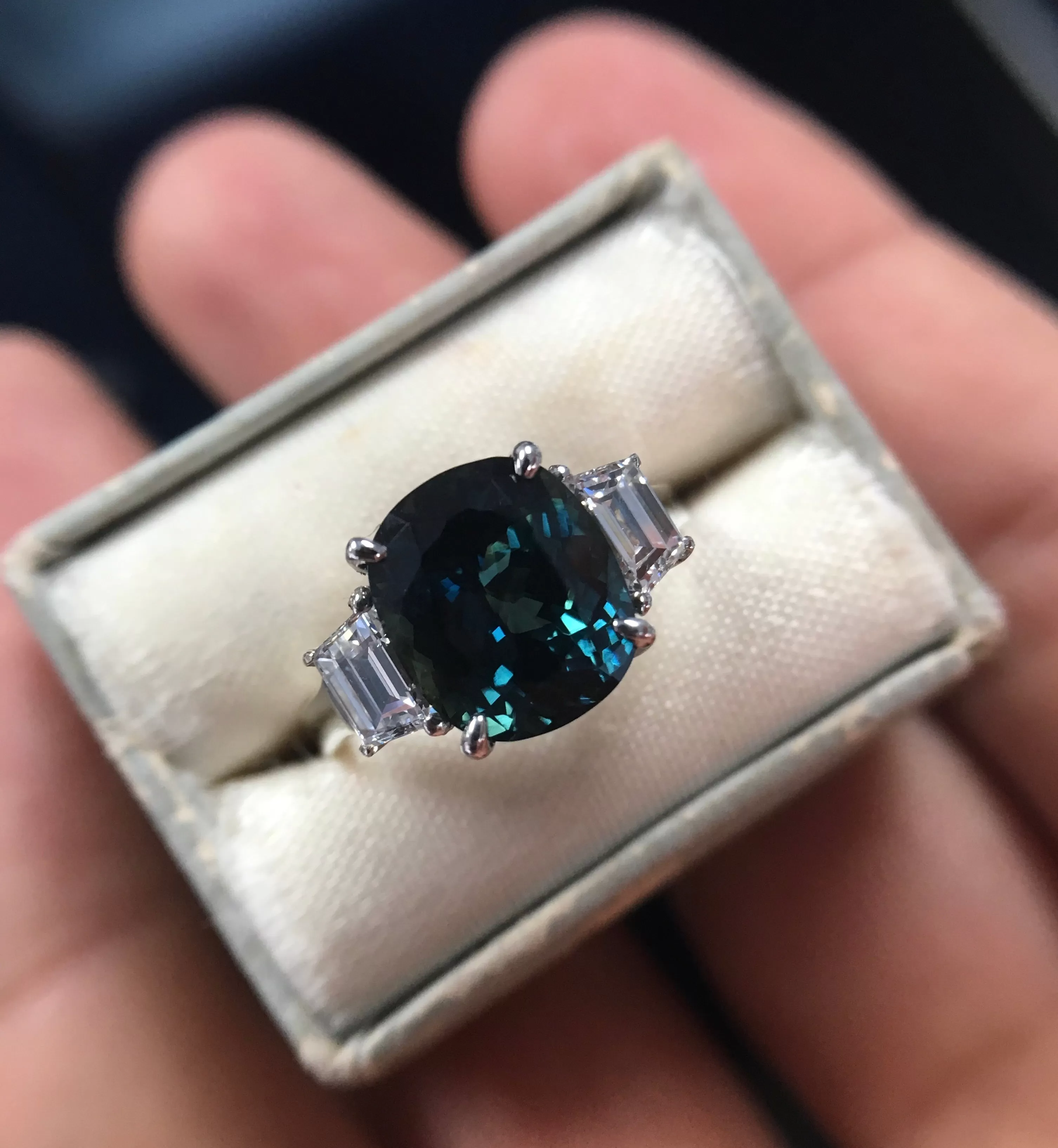 4.41ct Teal Crown Jubilee Cut Cushion Sapphire and Diamond Three Stone Ring