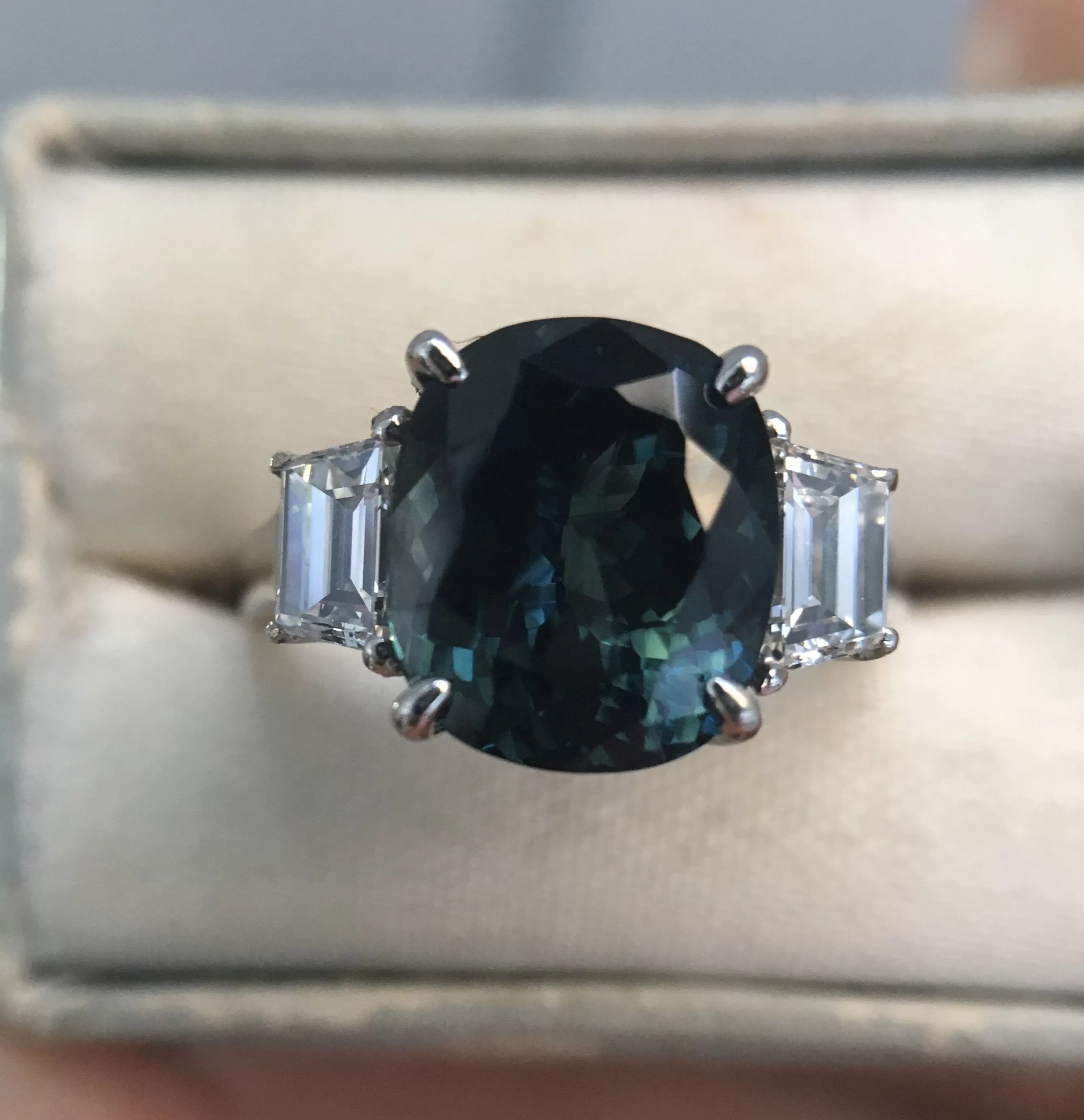 4.41ct Teal Crown Jubilee Cut Cushion Sapphire and Diamond Three Stone Ring