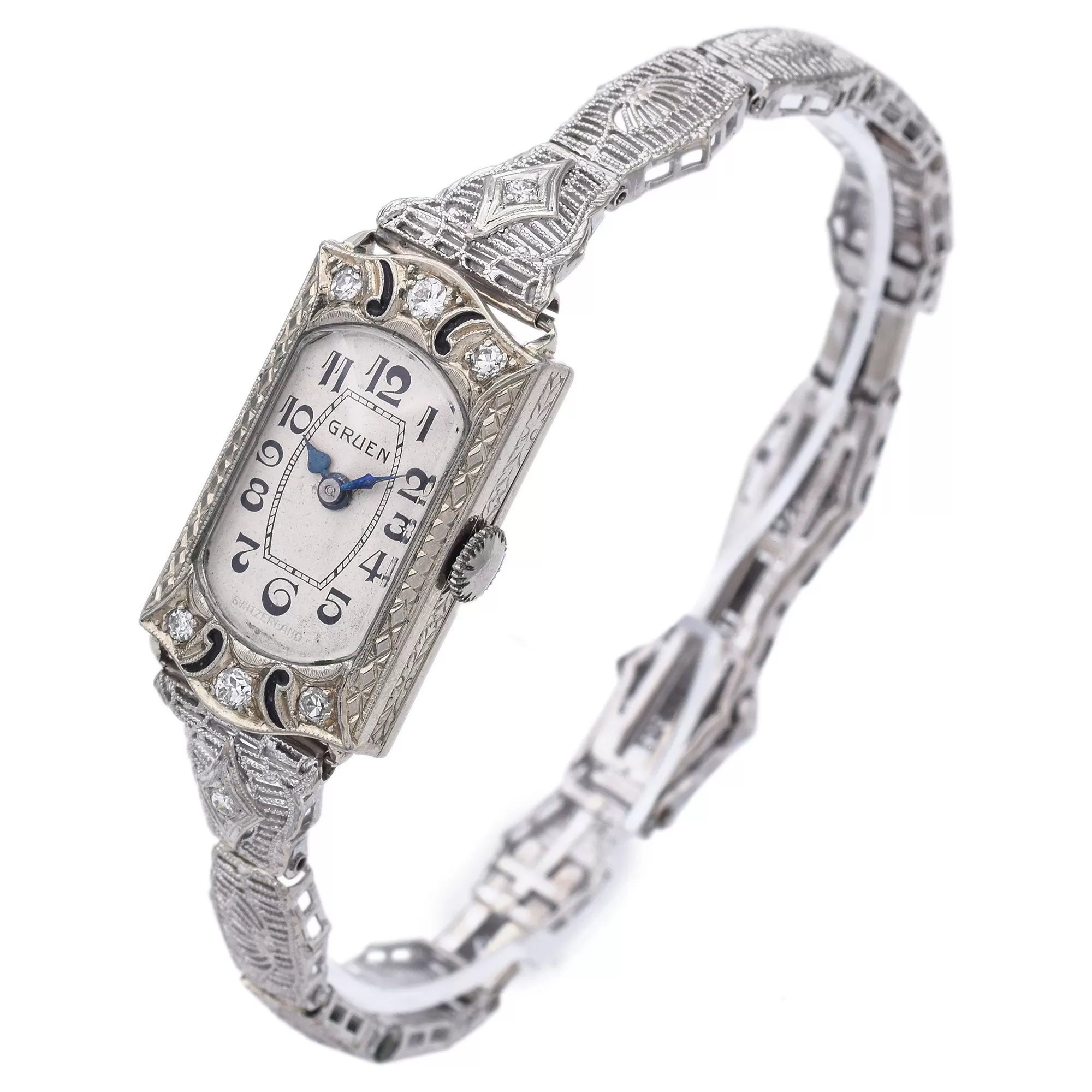 Antique Gruen 14K White Gold Diamond 15 Jewels Hand Wind Women's Watch