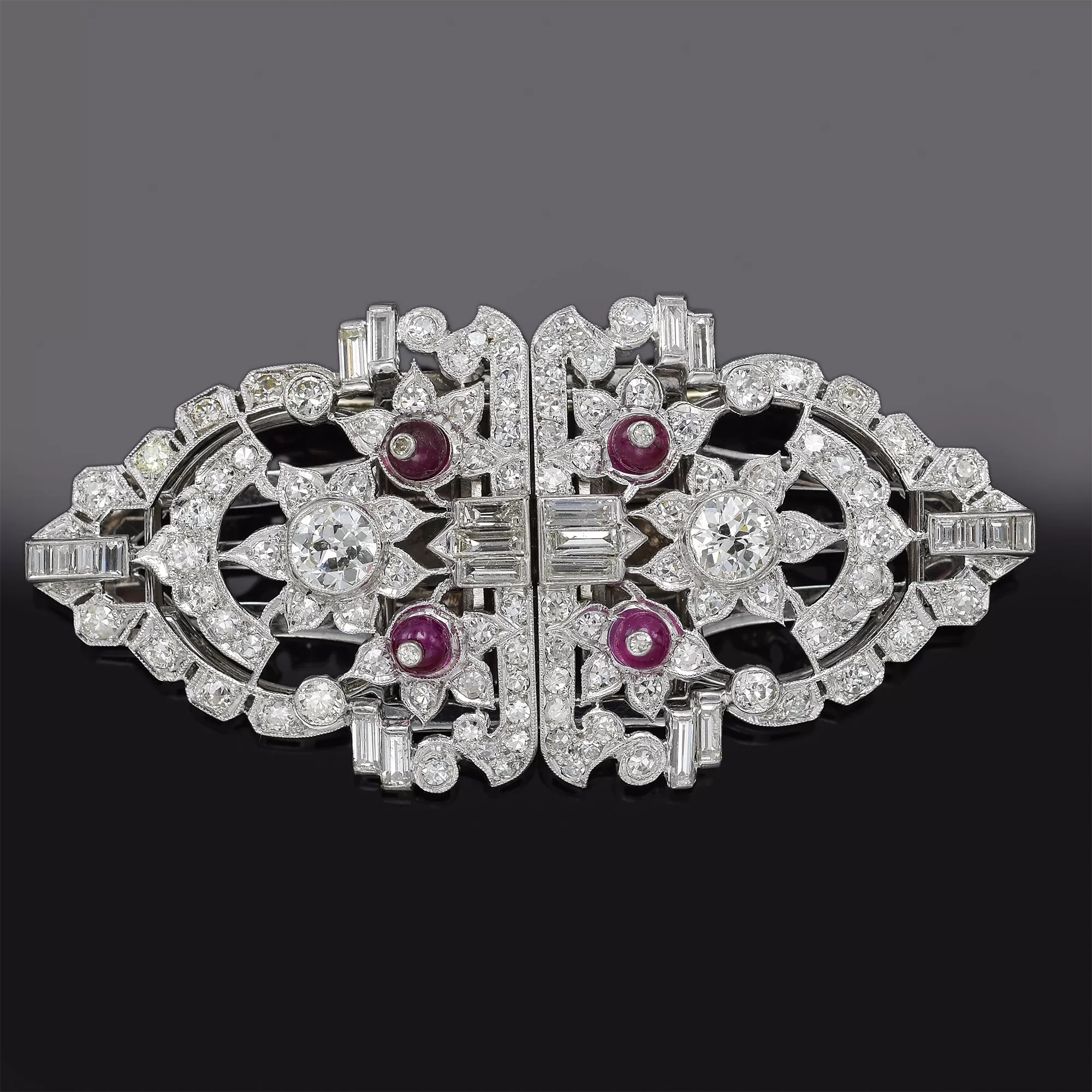 Antique Platinum Ruby & 4.58 TCW Diamond Art Deco Convertible Brooch Pin