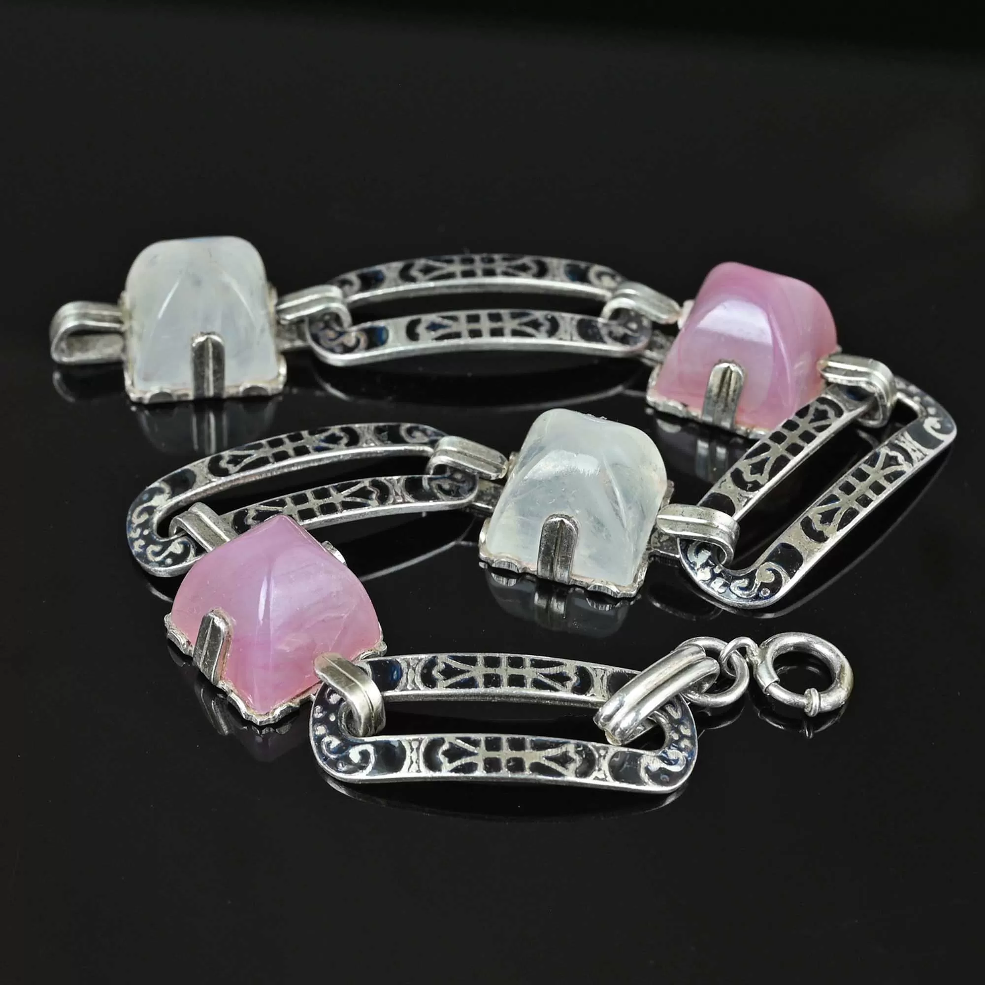 Art Deco Silver Moonstone Pink Quartz Enamel Bracelet