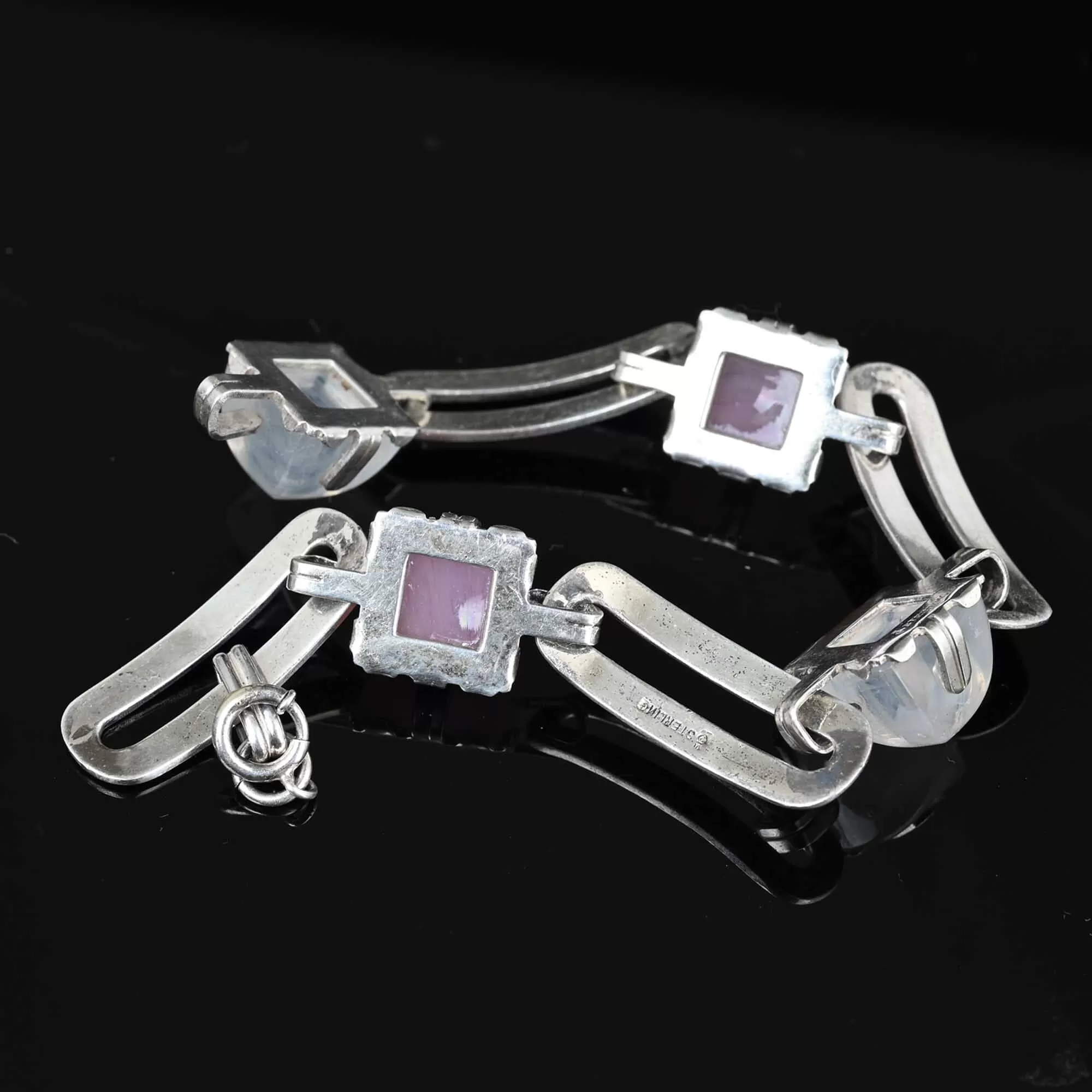 Art Deco Silver Moonstone Pink Quartz Enamel Bracelet