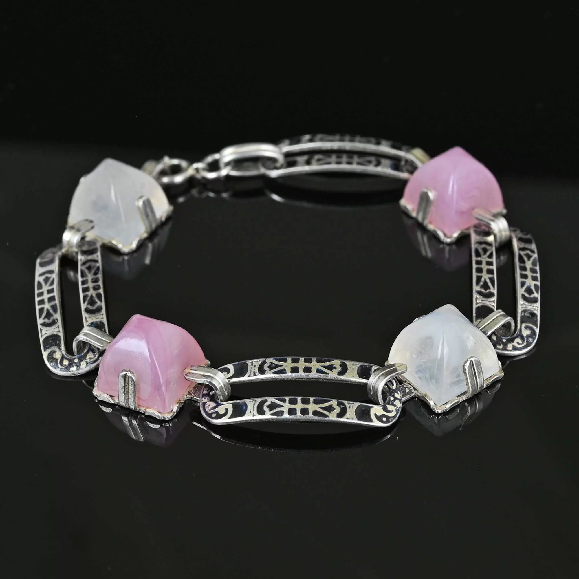 Art Deco Silver Moonstone Pink Quartz Enamel Bracelet