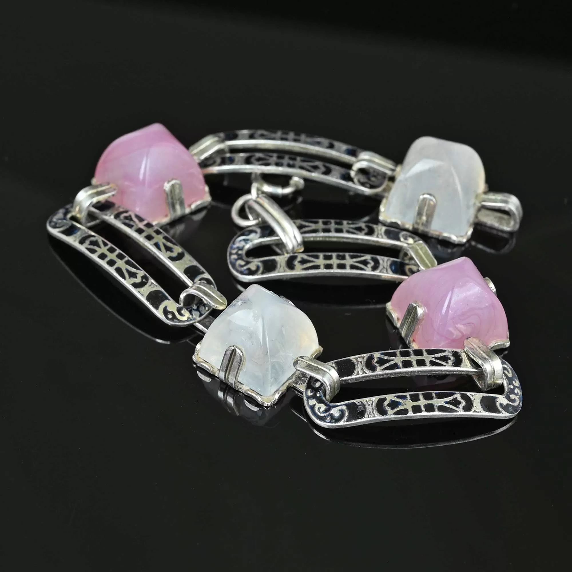 Art Deco Silver Moonstone Pink Quartz Enamel Bracelet