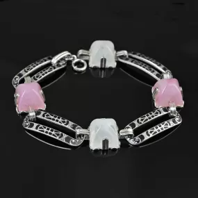 Art Deco Silver Moonstone Pink Quartz Enamel Bracelet