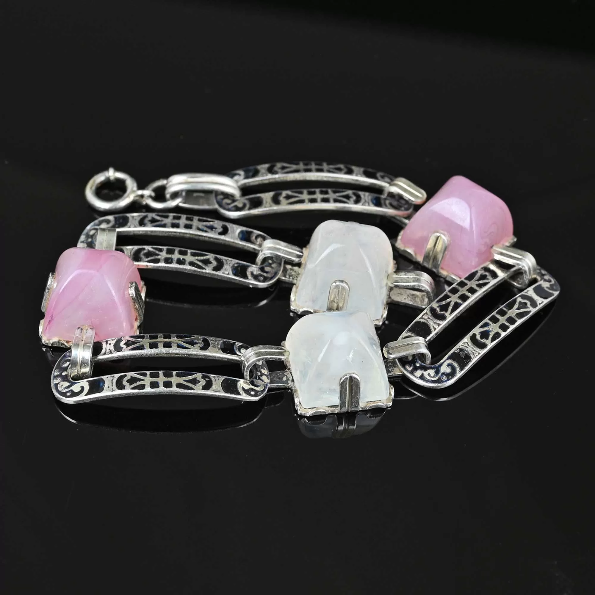 Art Deco Silver Moonstone Pink Quartz Enamel Bracelet