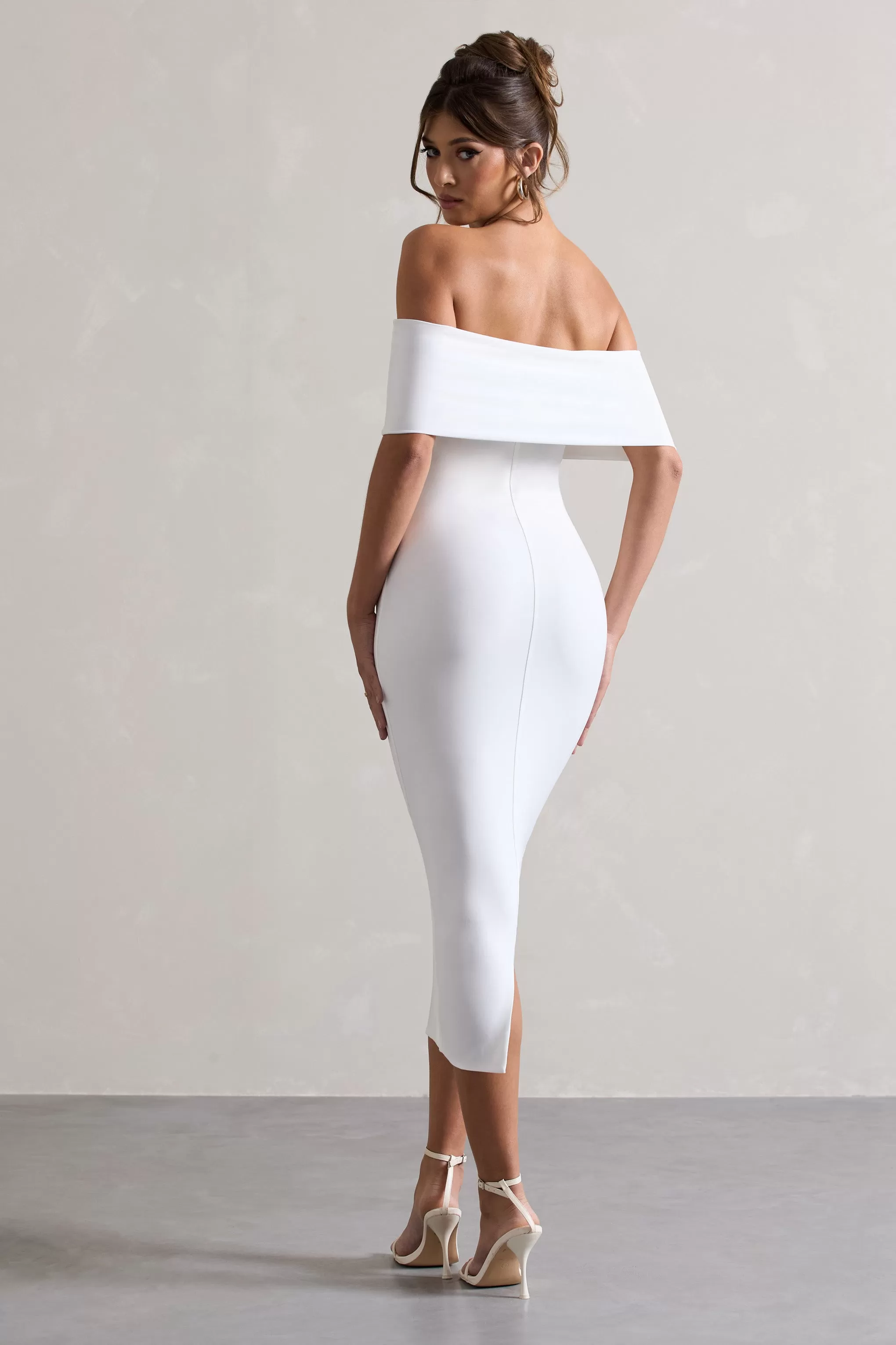 Averie | White Bodycon Bardot Midi Dress