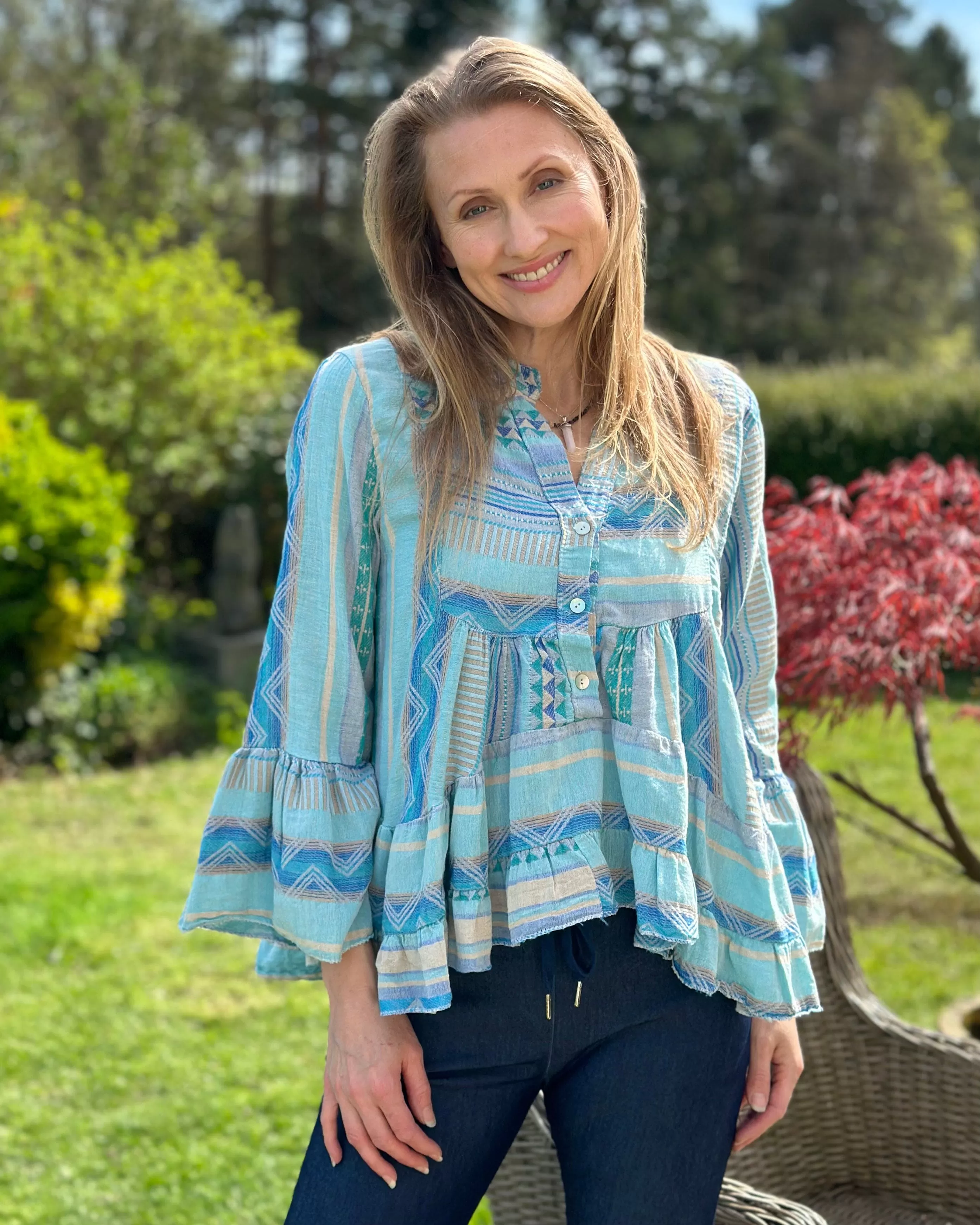 Aztec Print Tunic Top - Blues And Sand