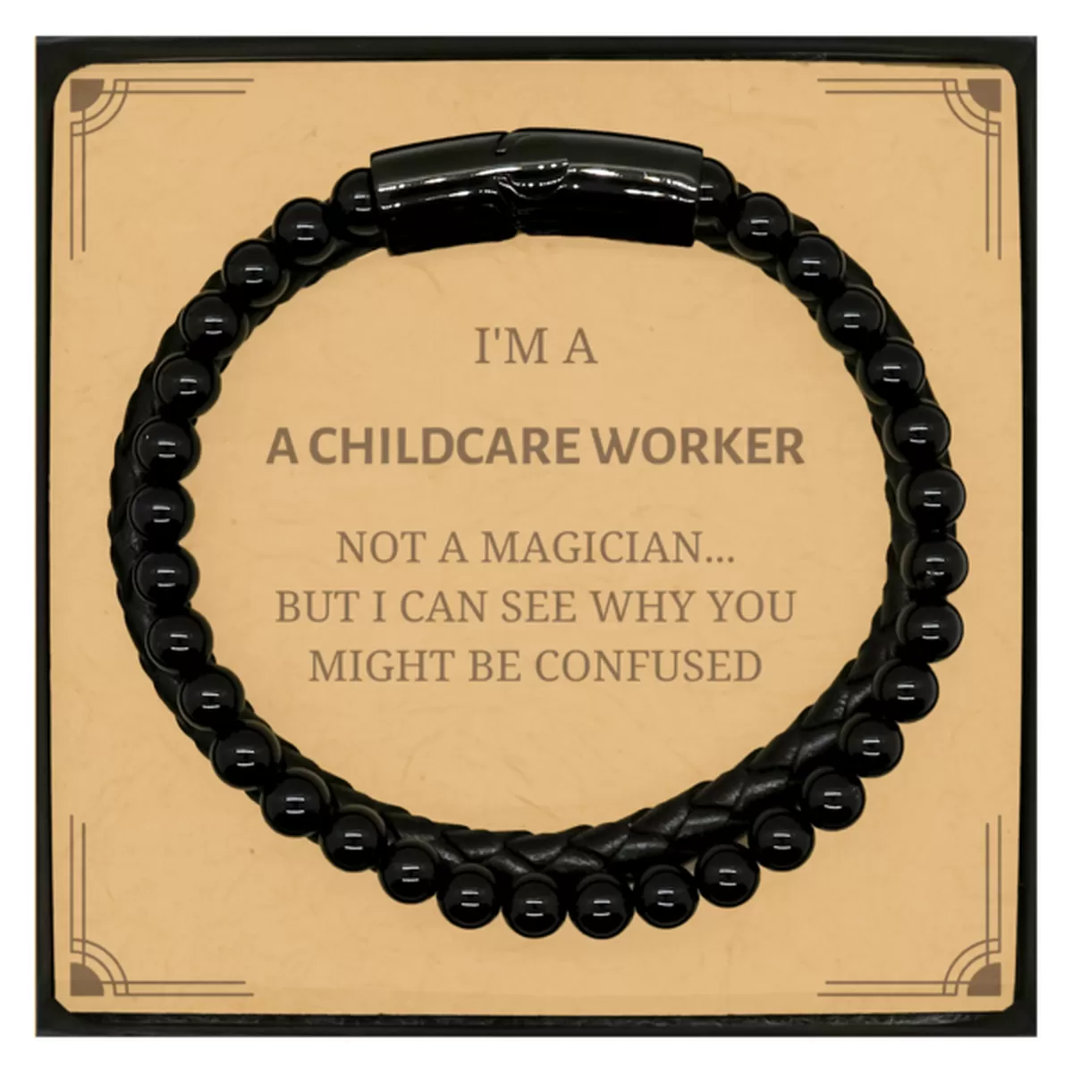 Badass Childcare Worker Gifts, I'm Childcare Worker not a magician, Sarcastic Stone Leather Bracelets for Childcare Worker Birthday Christmas for  Men, Women, Friends, Coworkers