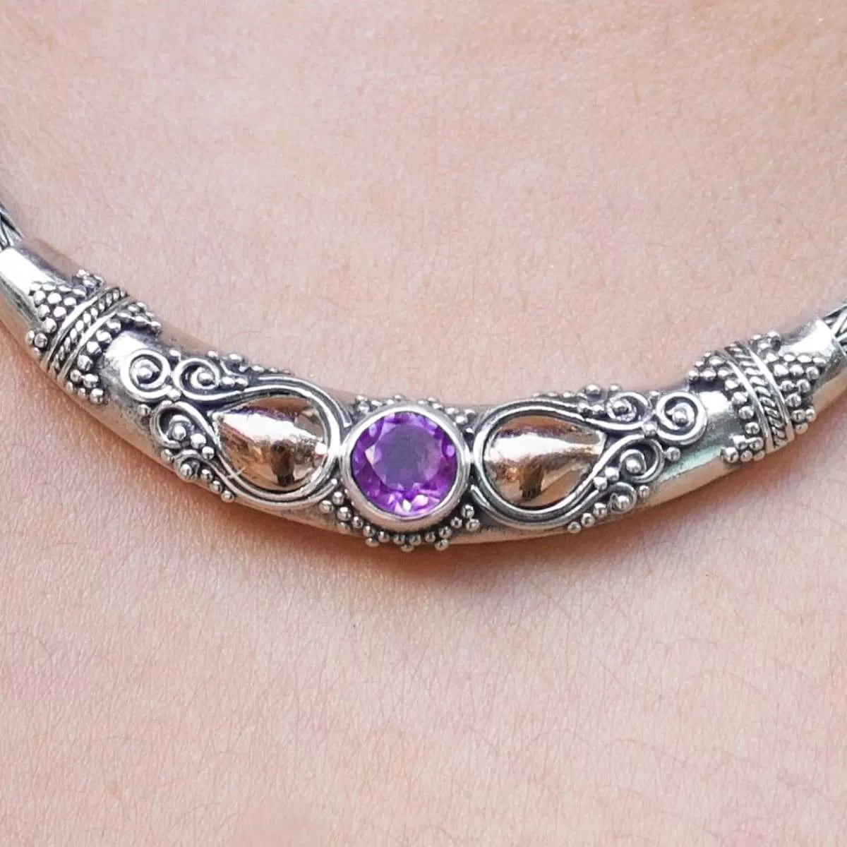 Bali Amethyst Silver Necklace with Gold Accent 18k, Gemstone Necklace, Handmade Jewelry, Gift