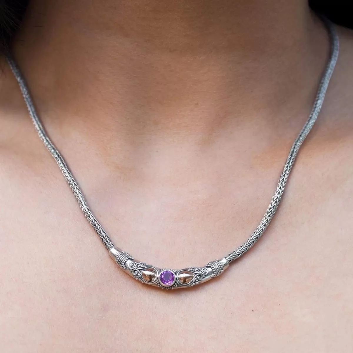 Bali Amethyst Silver Necklace with Gold Accent 18k, Gemstone Necklace, Handmade Jewelry, Gift