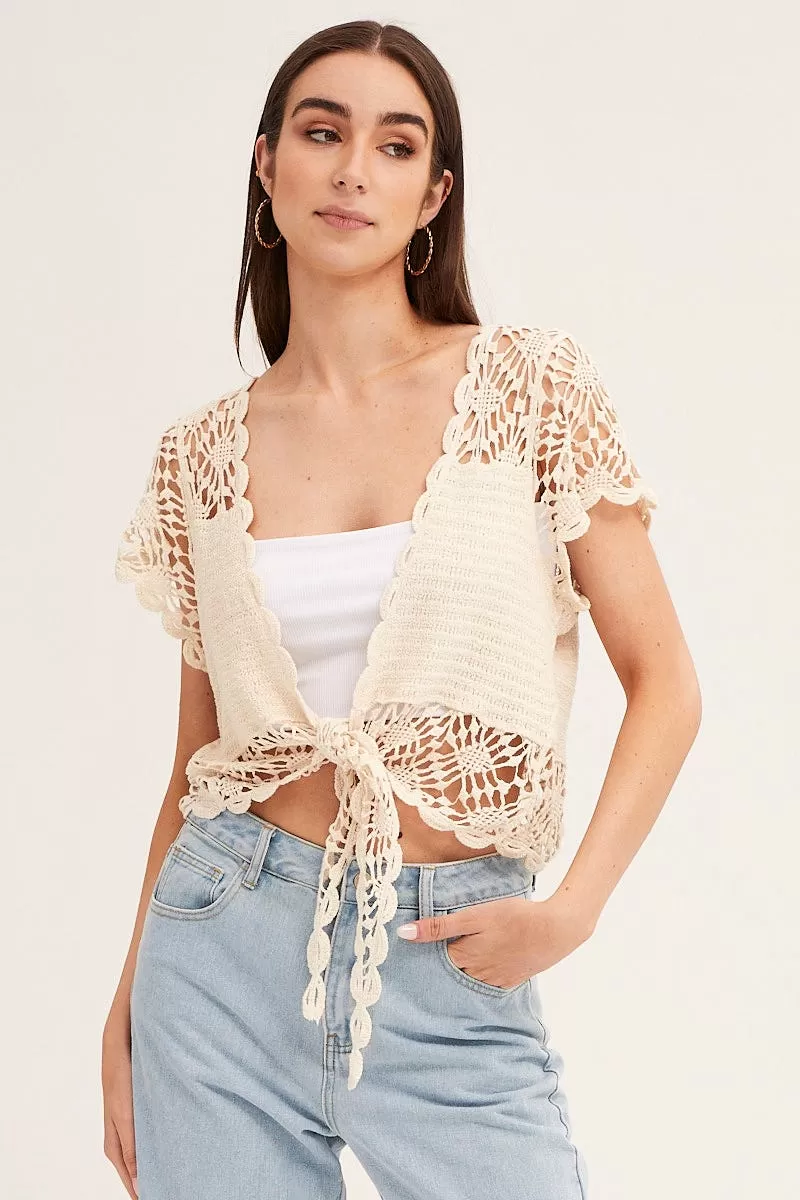 Beige Crochet Cardigan Short Sleeve Tie Up