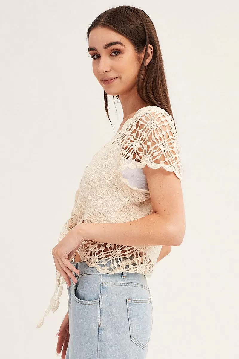 Beige Crochet Cardigan Short Sleeve Tie Up