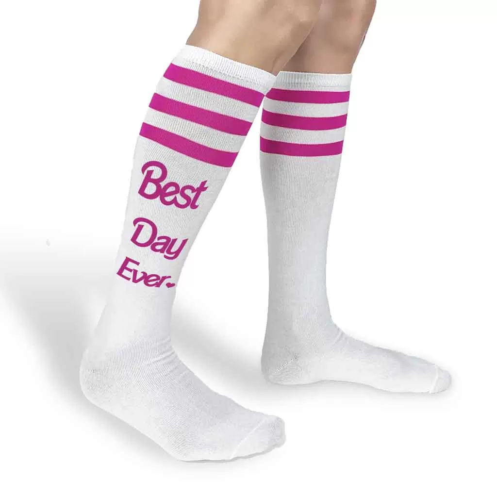 Best Day Ever Knee High Socks with Barbie Pink Stripes