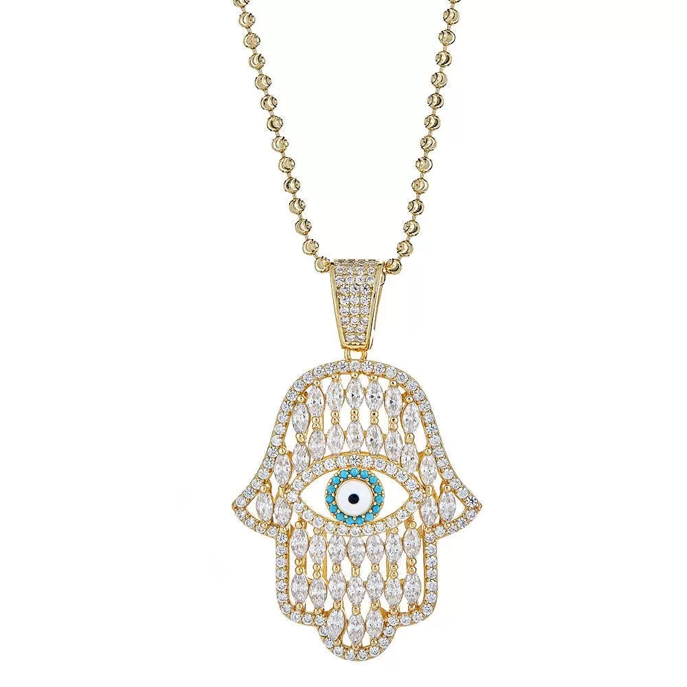 Better Jewelry Fancy CZ Hamsa Hand & Evil Eye Pendant w. Moon Cut Chain .925 Sterling Silver Plated in Gold