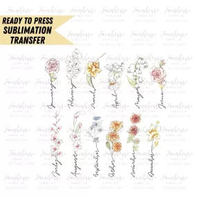 Birthday Month Flowers, Ready to Press Sublimation Transfer, Sublimation Transfers, Floral Chart, Birth Month Flowers Design, Floral Chic