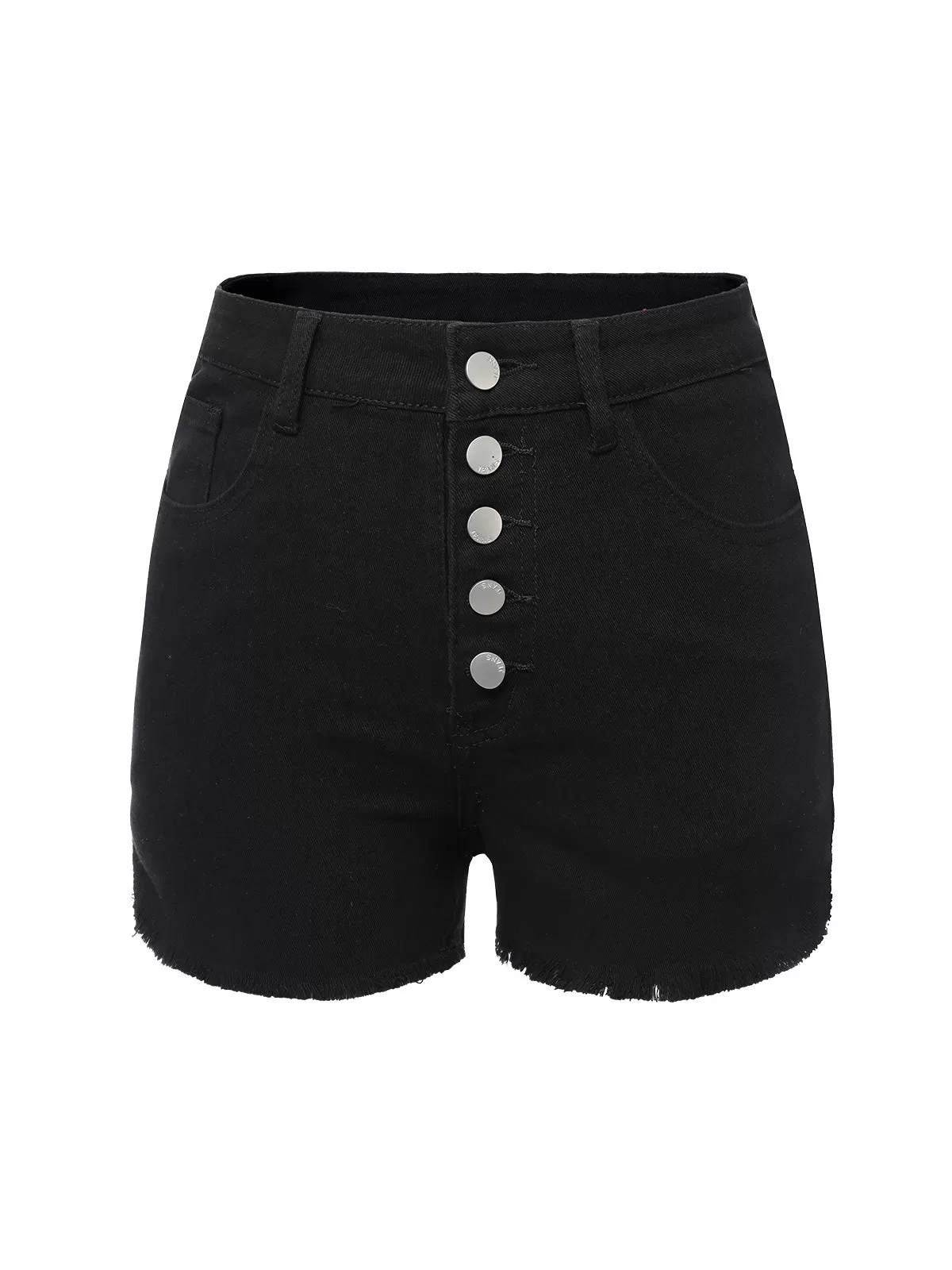 Black 1960s Solid Button Denim Shorts