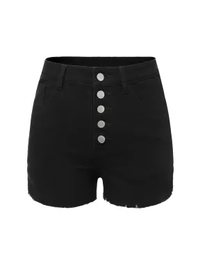 Black 1960s Solid Button Denim Shorts