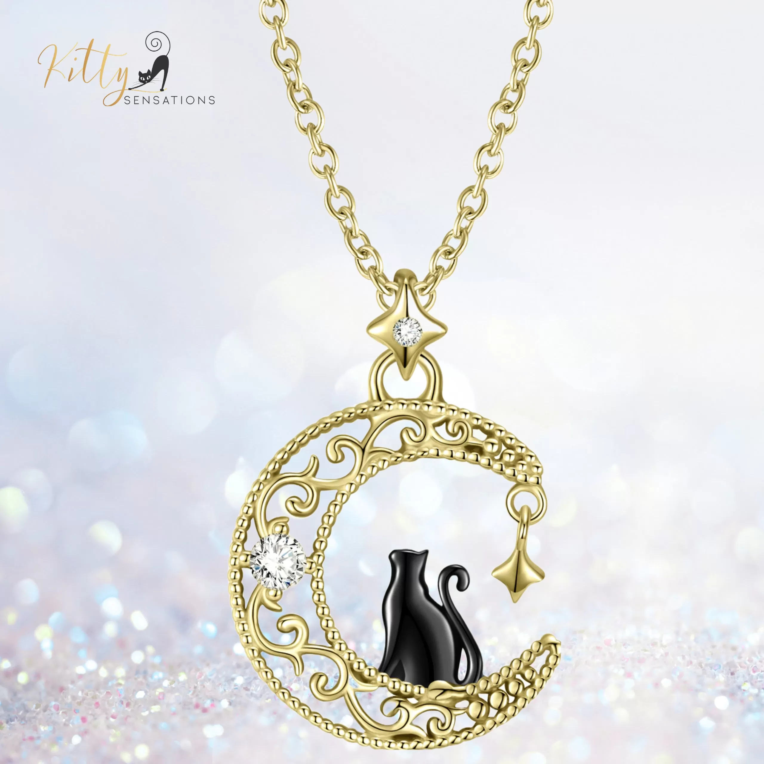 Black & Gold Moon Kitty Necklace in Solid 925 Sterling Silver