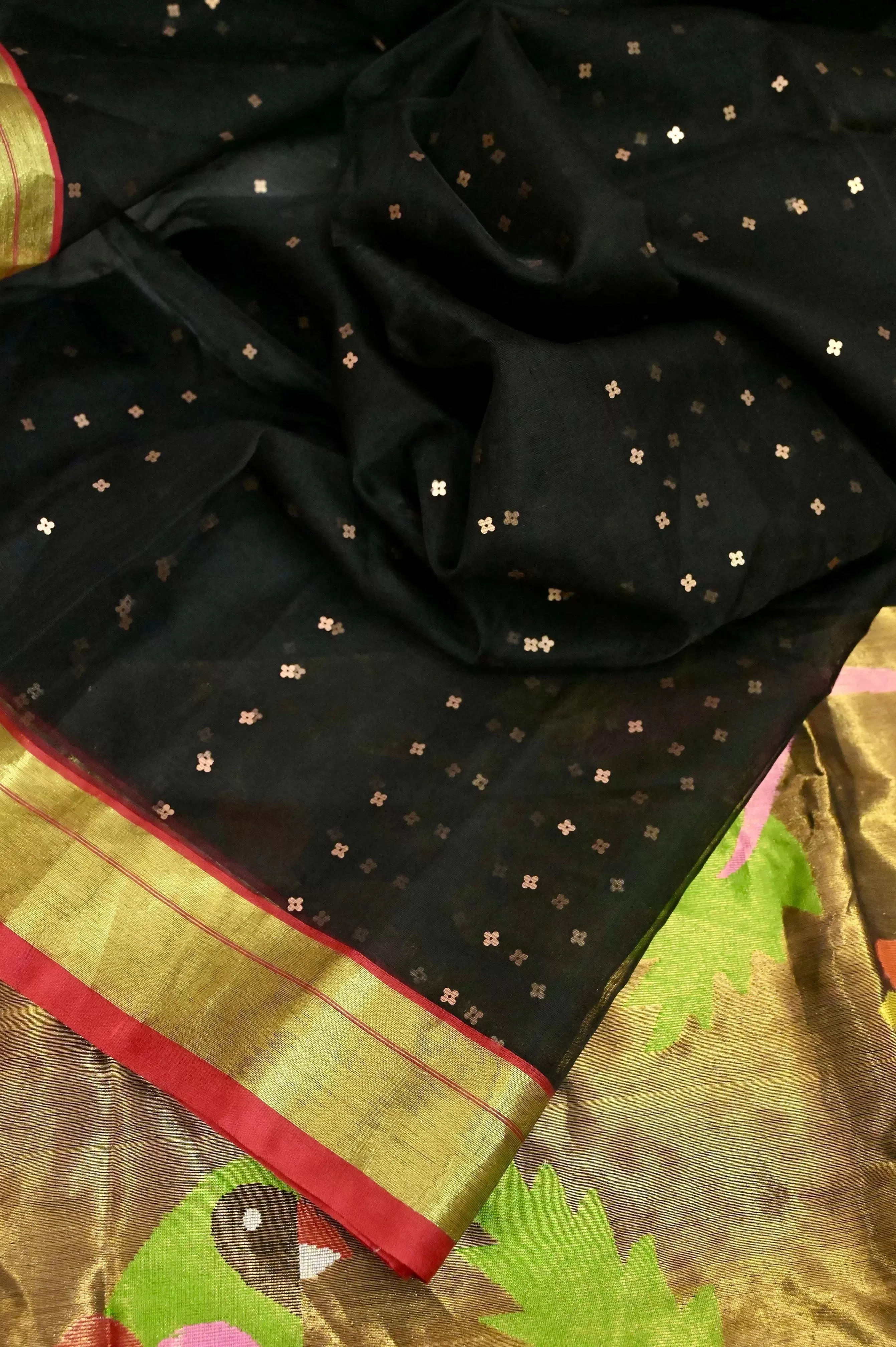 Black Color Muslin Jamdani Saree with Sequin Work and Paithani Style Pallu