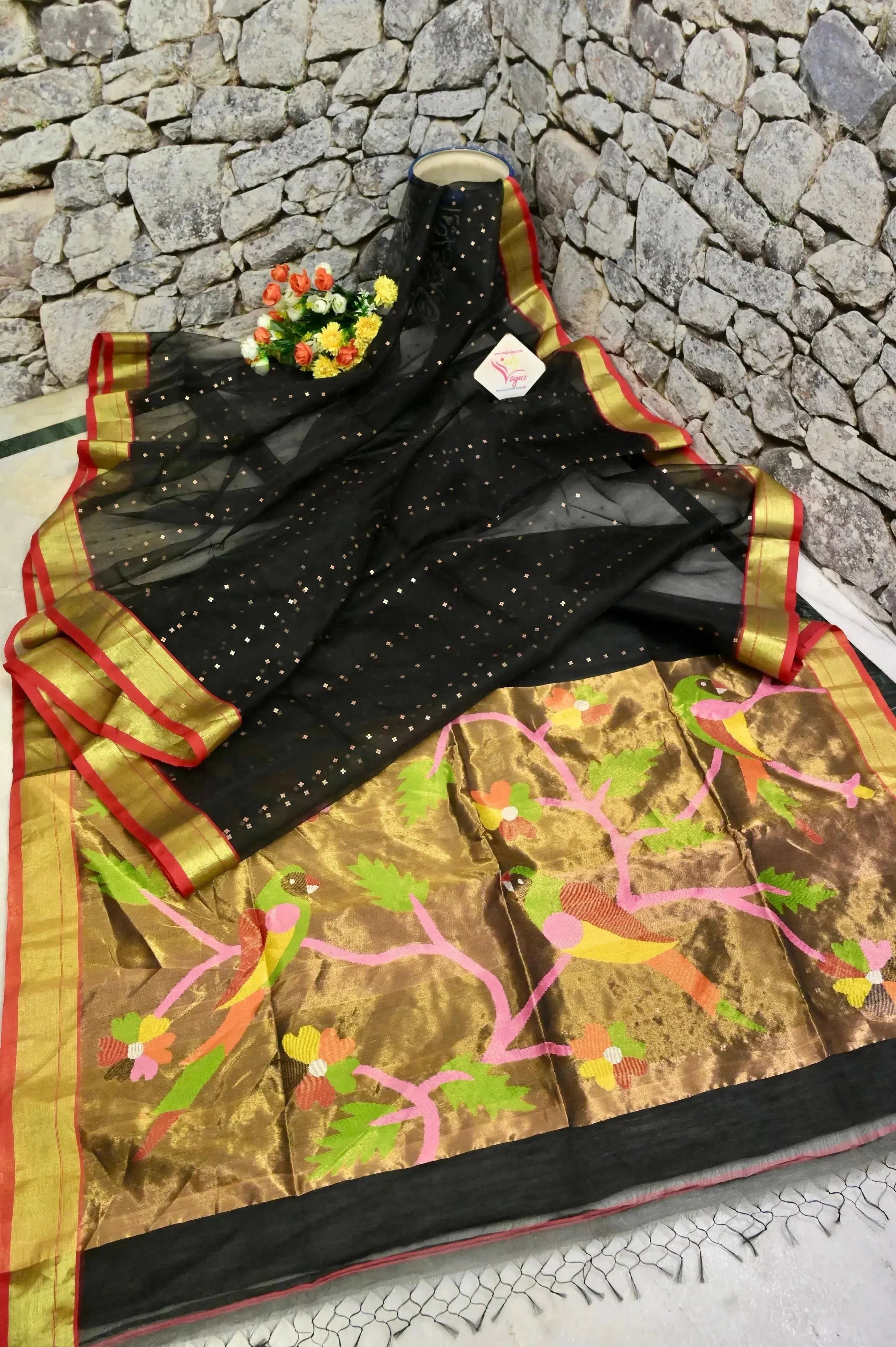 Black Color Muslin Jamdani Saree with Sequin Work and Paithani Style Pallu