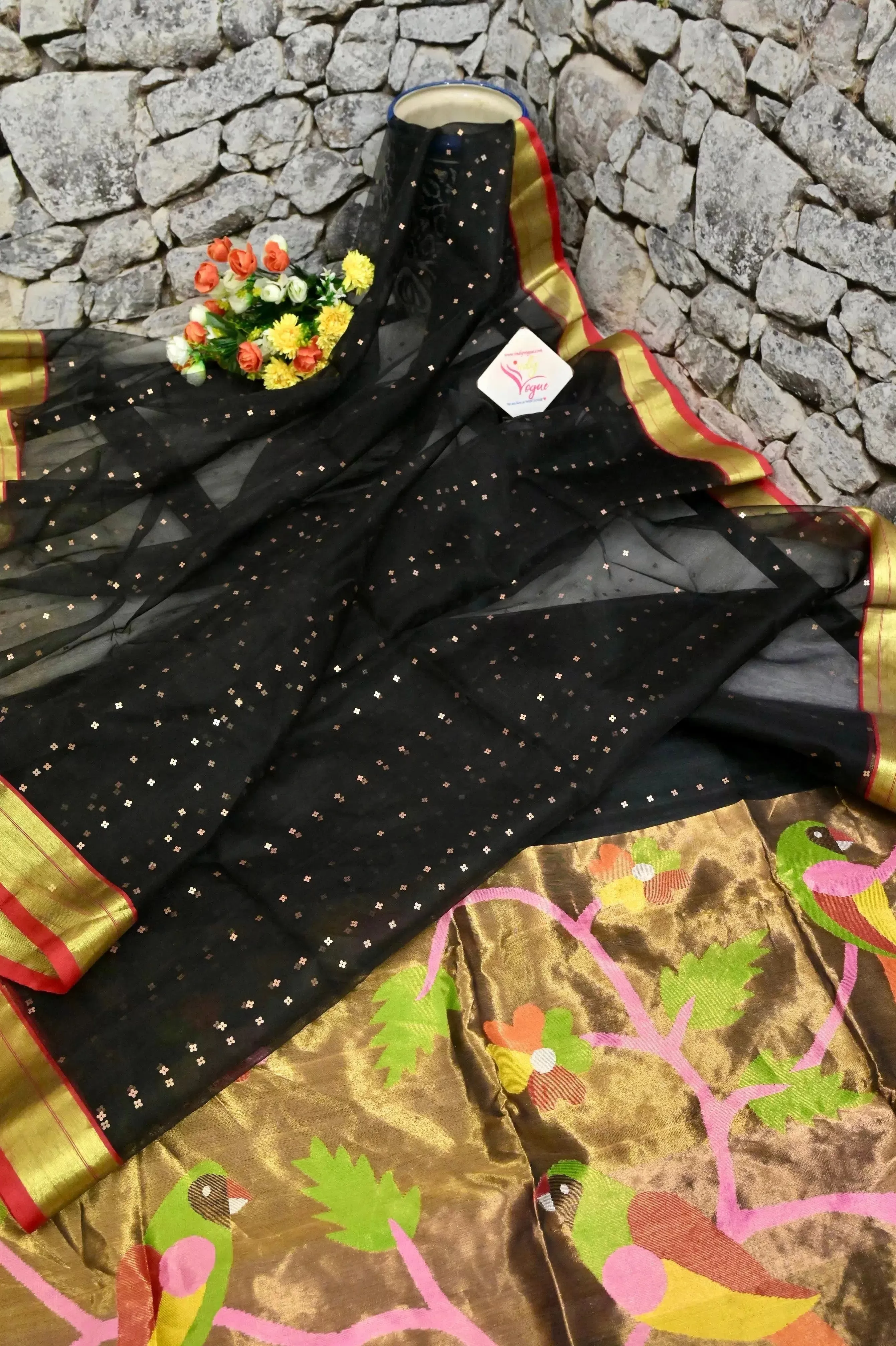 Black Color Muslin Jamdani Saree with Sequin Work and Paithani Style Pallu