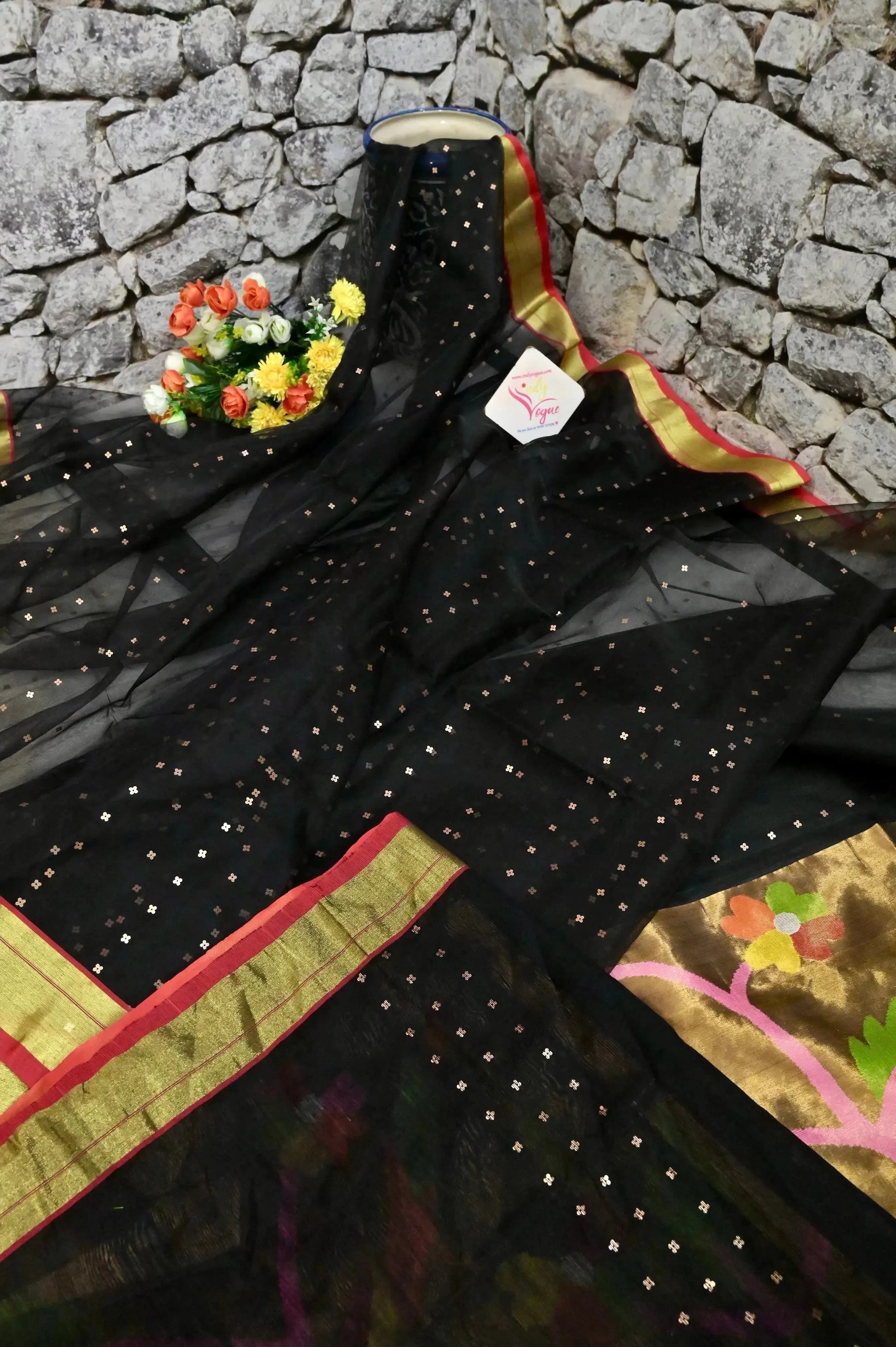 Black Color Muslin Jamdani Saree with Sequin Work and Paithani Style Pallu